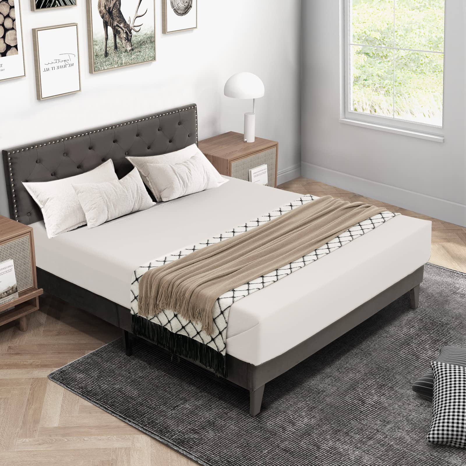 Full/Queen Size Upholstered Bed Frame with Tufted Headboard & Soft-padded Footboard