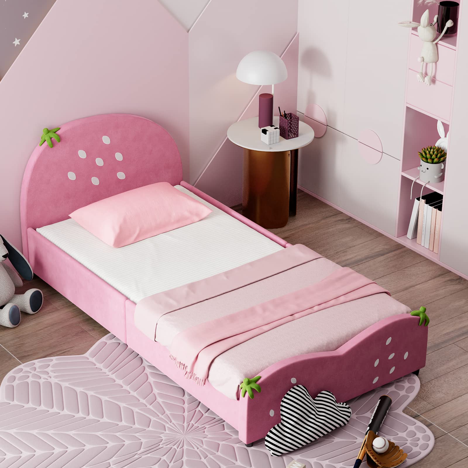 Kids Twin Bed Frame with Headboard, Toddler Upholstered Platform Bed with Slatted Bed Base