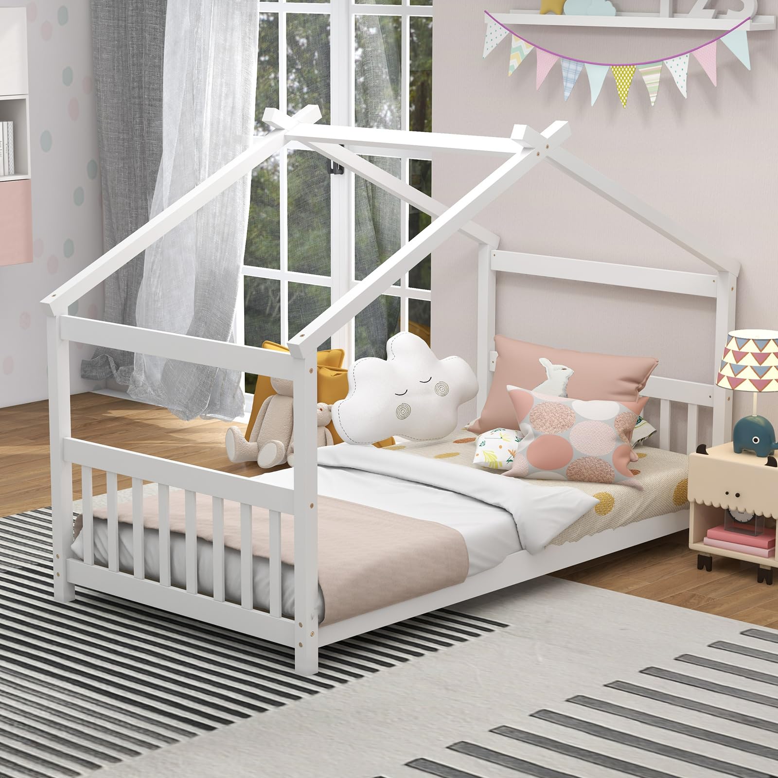 Twin Wood Kids House Bed with Roof, Headboard and Footboard