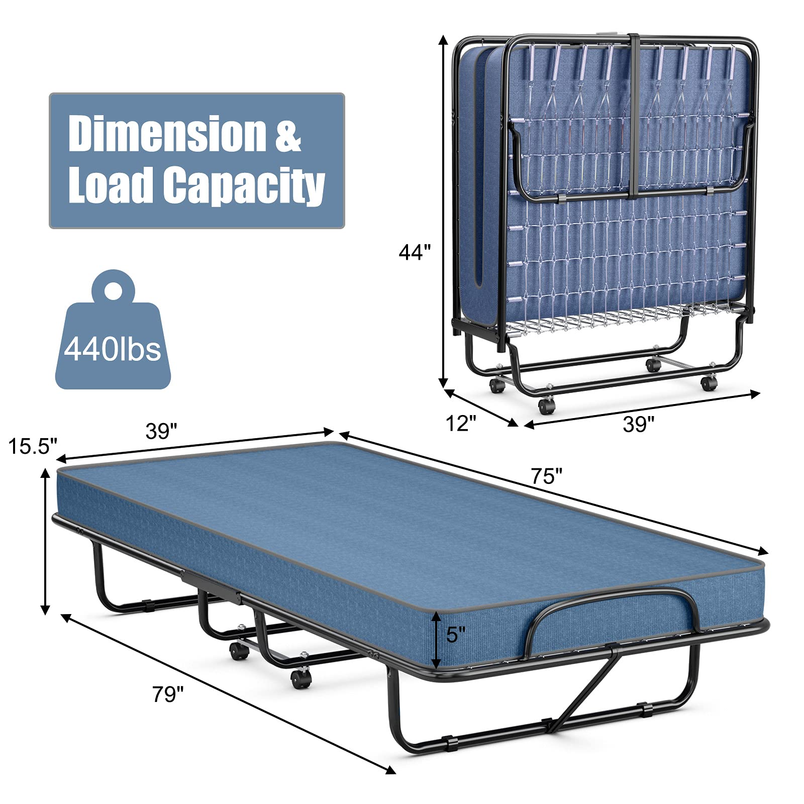 Folding Guest Bed with Mattress,  Twin Size Portable Rollaway Bed 5-Inch Memory Foam Mattress