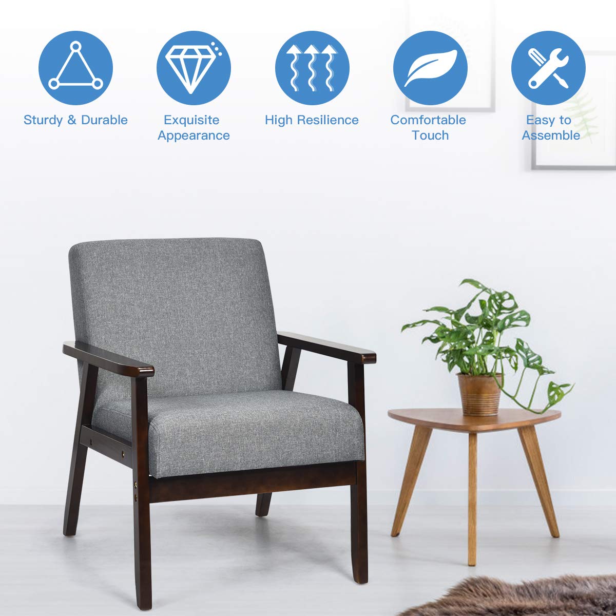 Solid Hardwood Made Mid-Century Modern Accent Chair | Retro Fabric Armchair