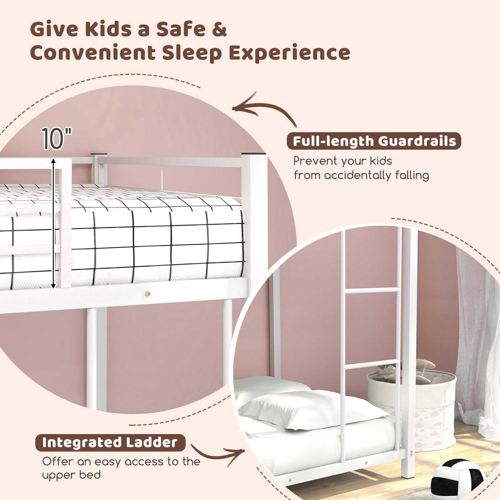 Twin Over Twin Metal Low Profile Bunk Bed with Safety Guard Rails & Side Ladder