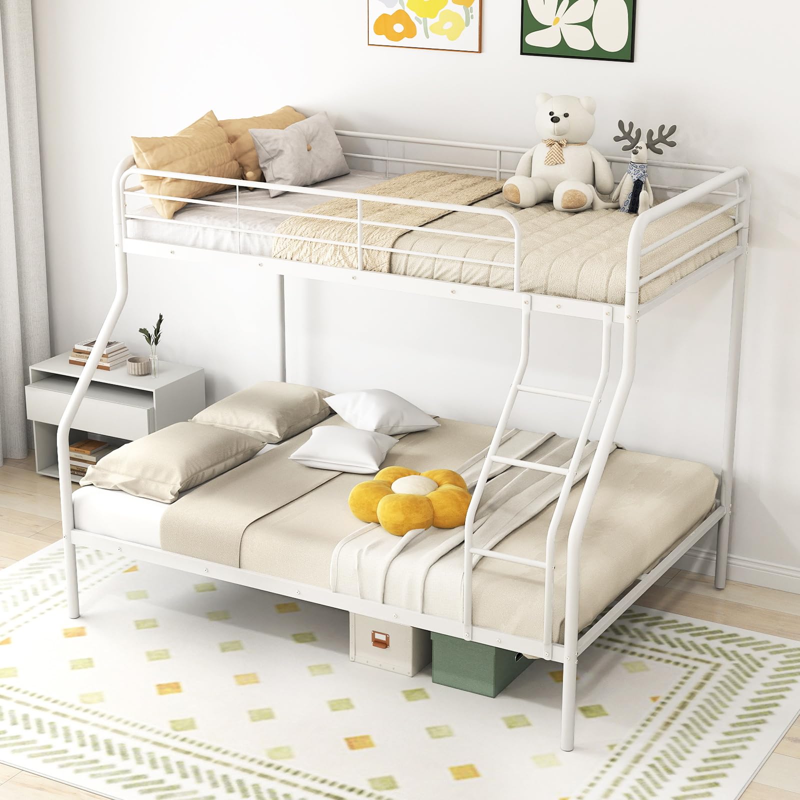 Twin Over Full Metal Bunk Bed with Inclined Ladder, Safety Guardrail