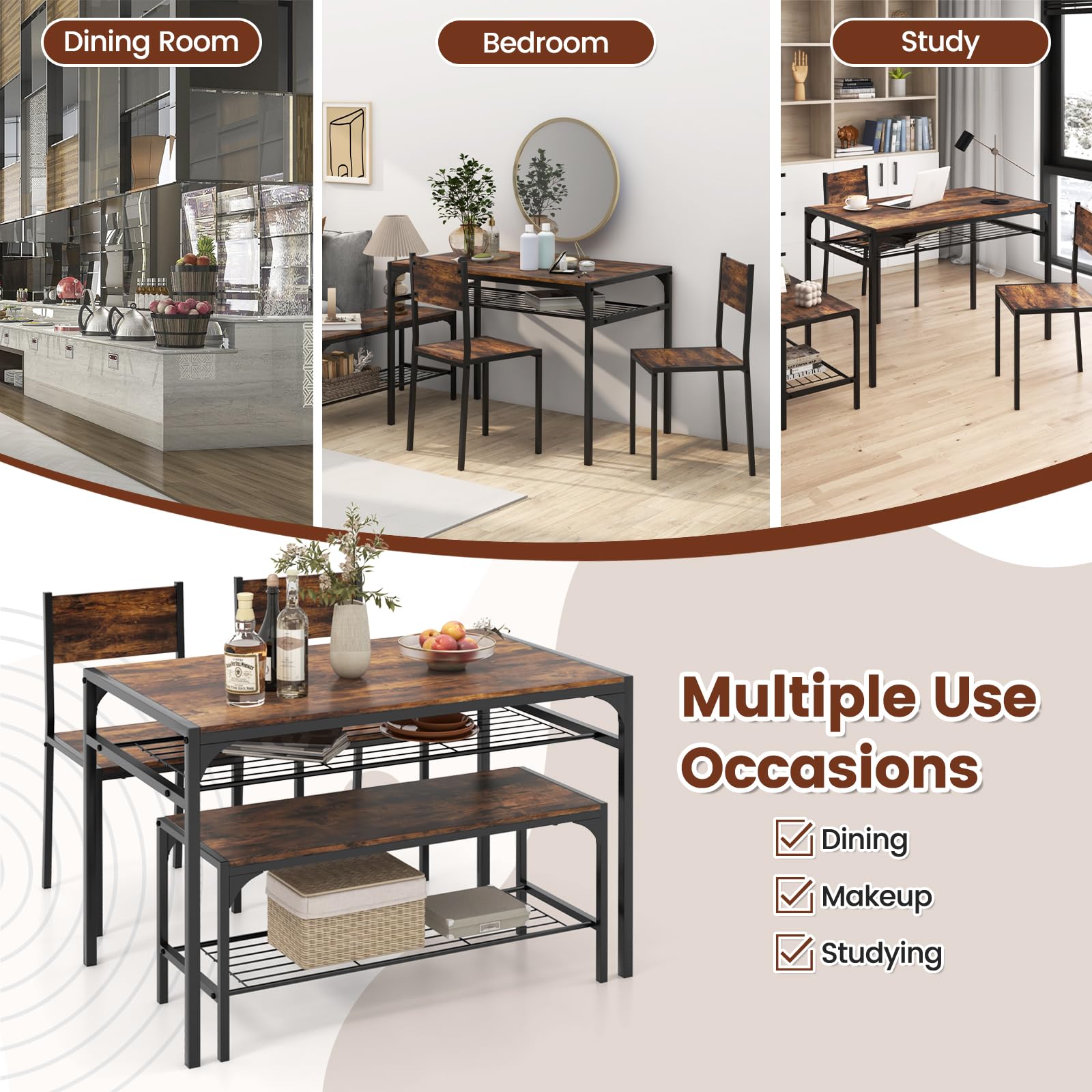 4 Pieces Dining Table Set, Kitchen Table and 2 Chairs for 4 with Bench, Storage Racks