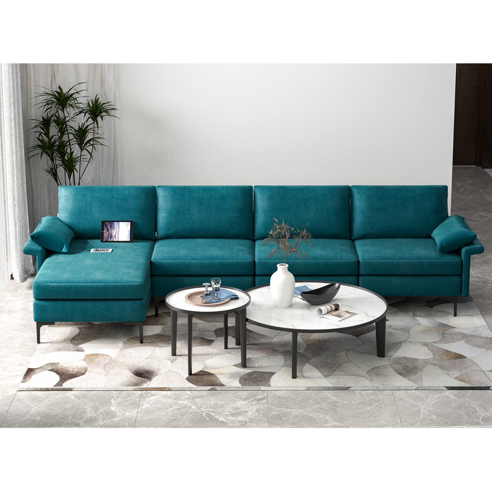 130.5 Inch Extra Large Convertible Sectional Sofa with Reversible Chaise Lounge, 3-Hole Outlets & 4 USB Ports