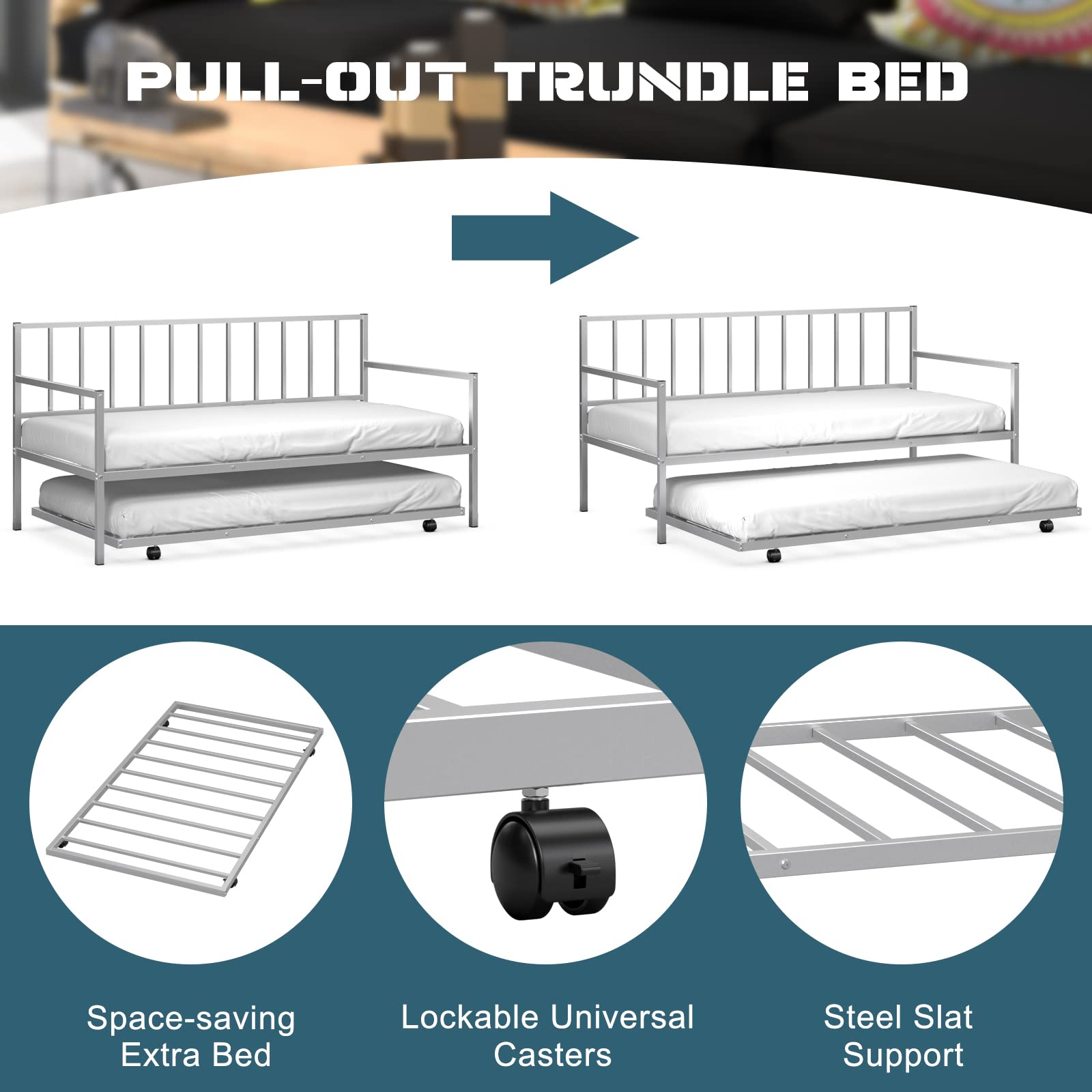 Metal Twin Size Daybed with Trundle