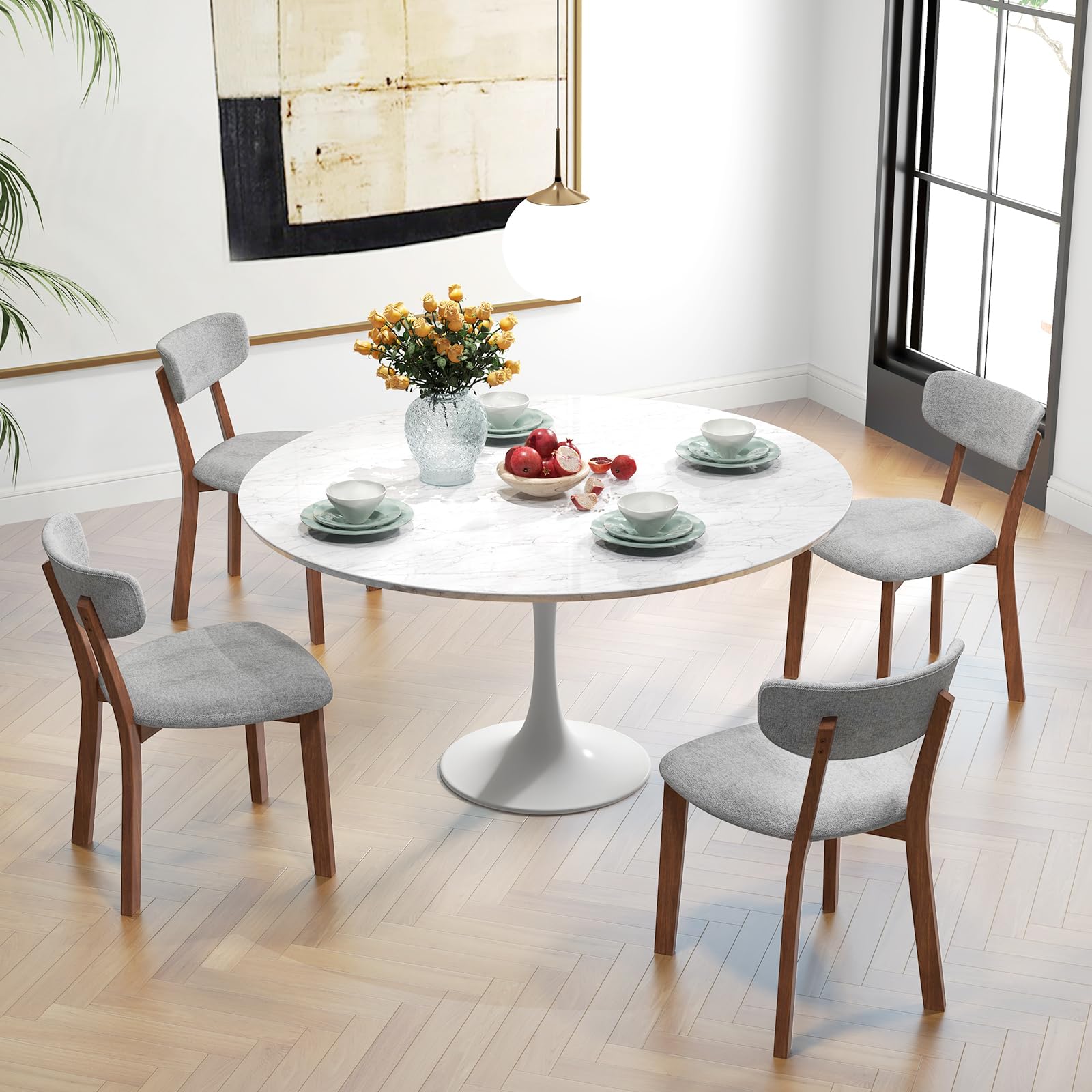 Dining Chairs Set of 2/4, Upholstered Mid-Back Kitchen Chairs with Solid Rubber Wood Frame, Curved Backrest & Padded Seat Cushion