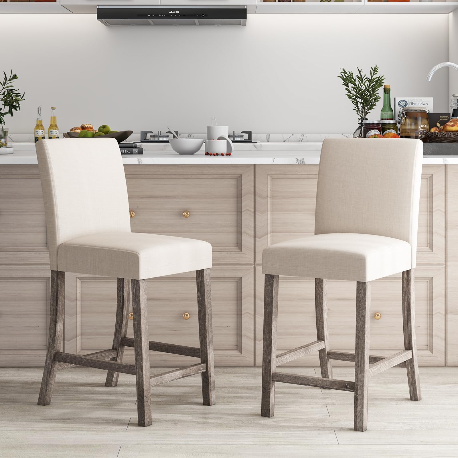 Upholstered Counter Height Bar Stools Set of 2/4 with Ergonomic Backrest, Solid Wood Frame