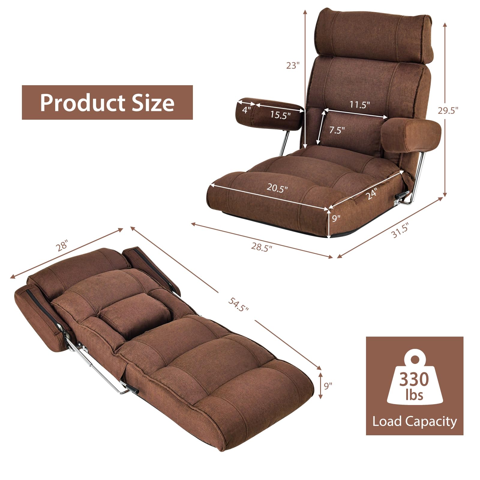 Adjustable Folding Floor Sofa Chair, Upholstered Indoor Chaise Lounge with 6-position