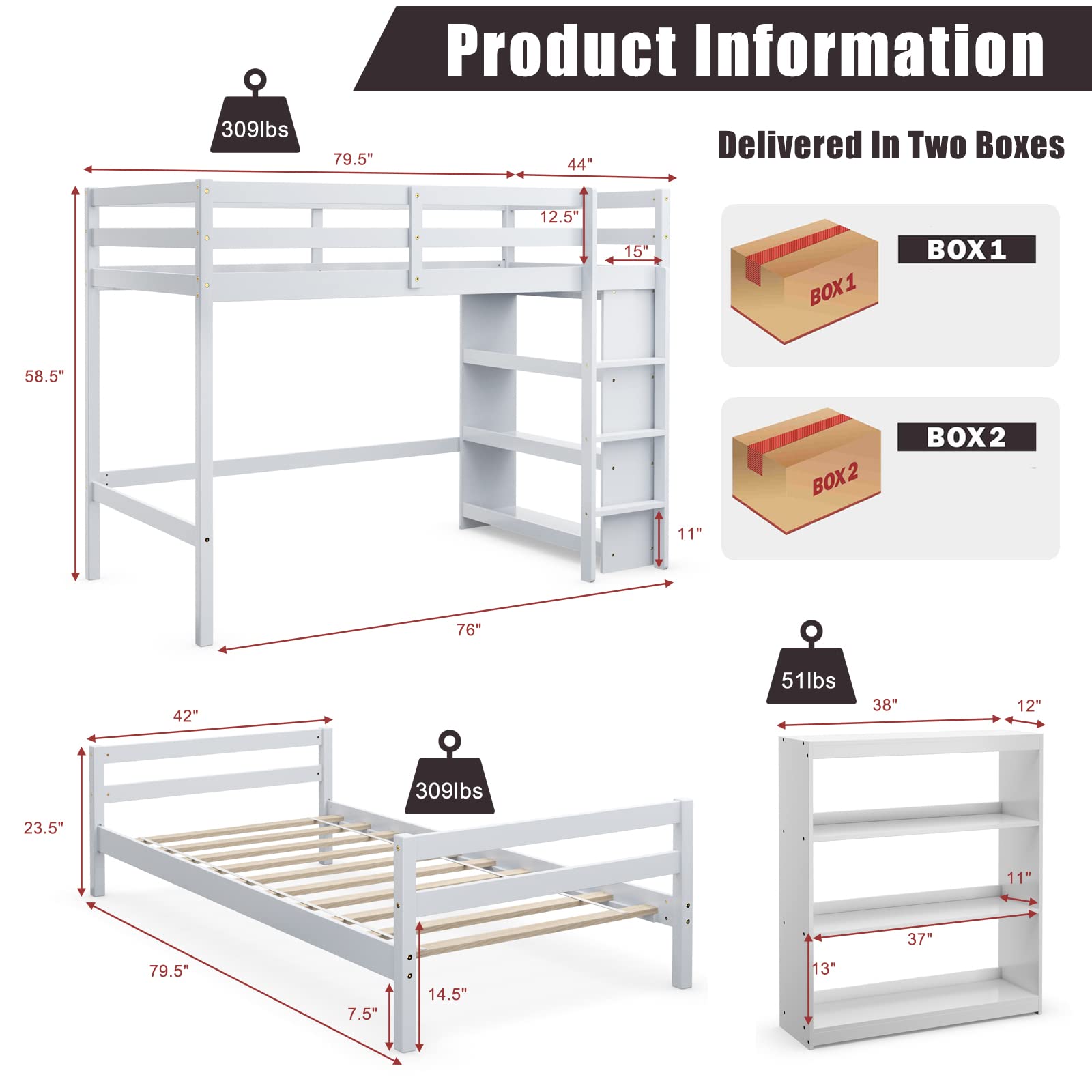 Twin Over Twin Bunk Bed, Convertible Wooden Loft Bed with 3-Tier Bookcase, Can be Separated into 2 Beds