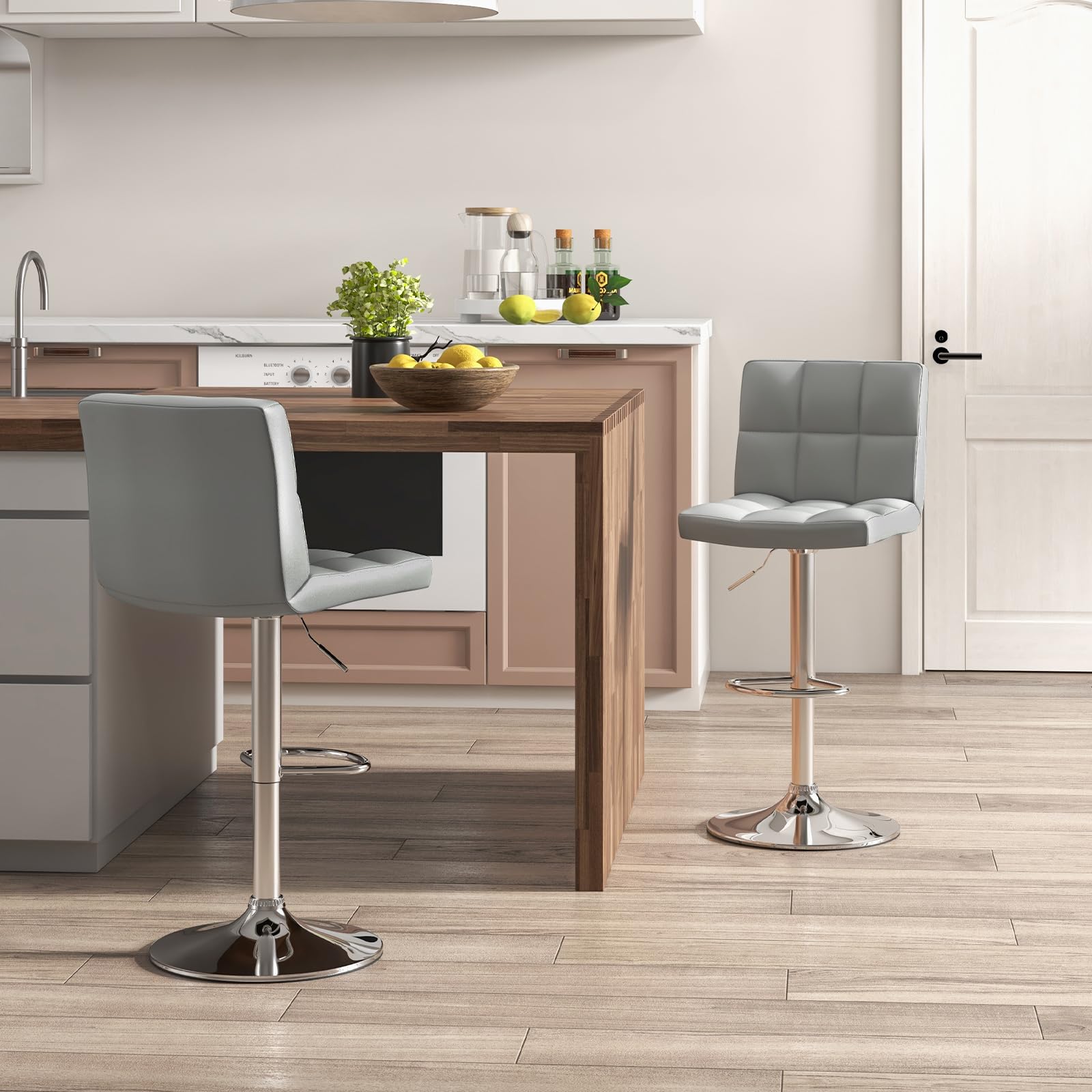 Modern PU Leather Height Adjustable Bar Stools  Set of 1/2 with Back, Footrest, Metal Base