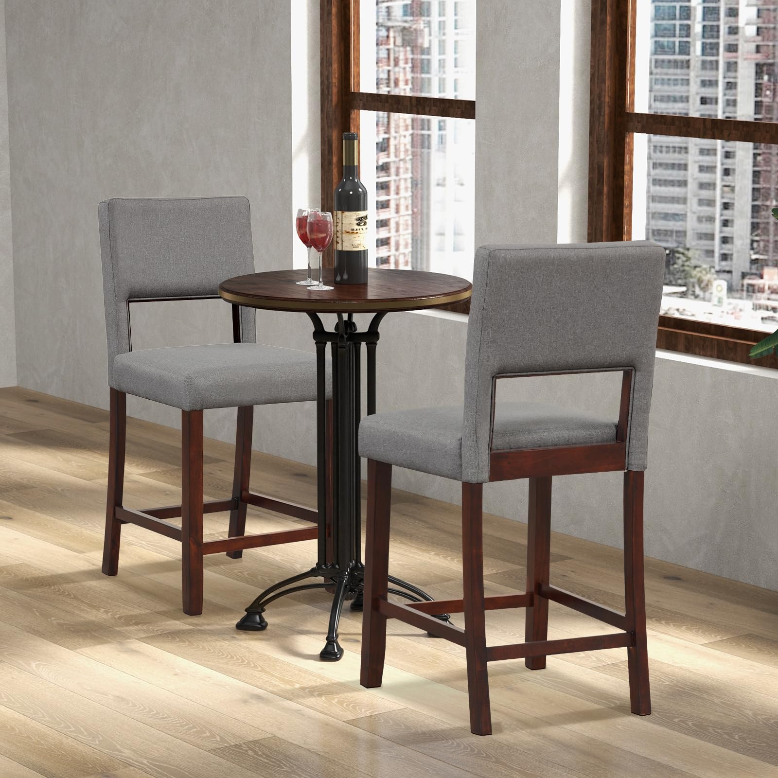 24.5" Counter Height Bar Stools Set of 2, Linen Barstools with Back, Rubber Wood Legs