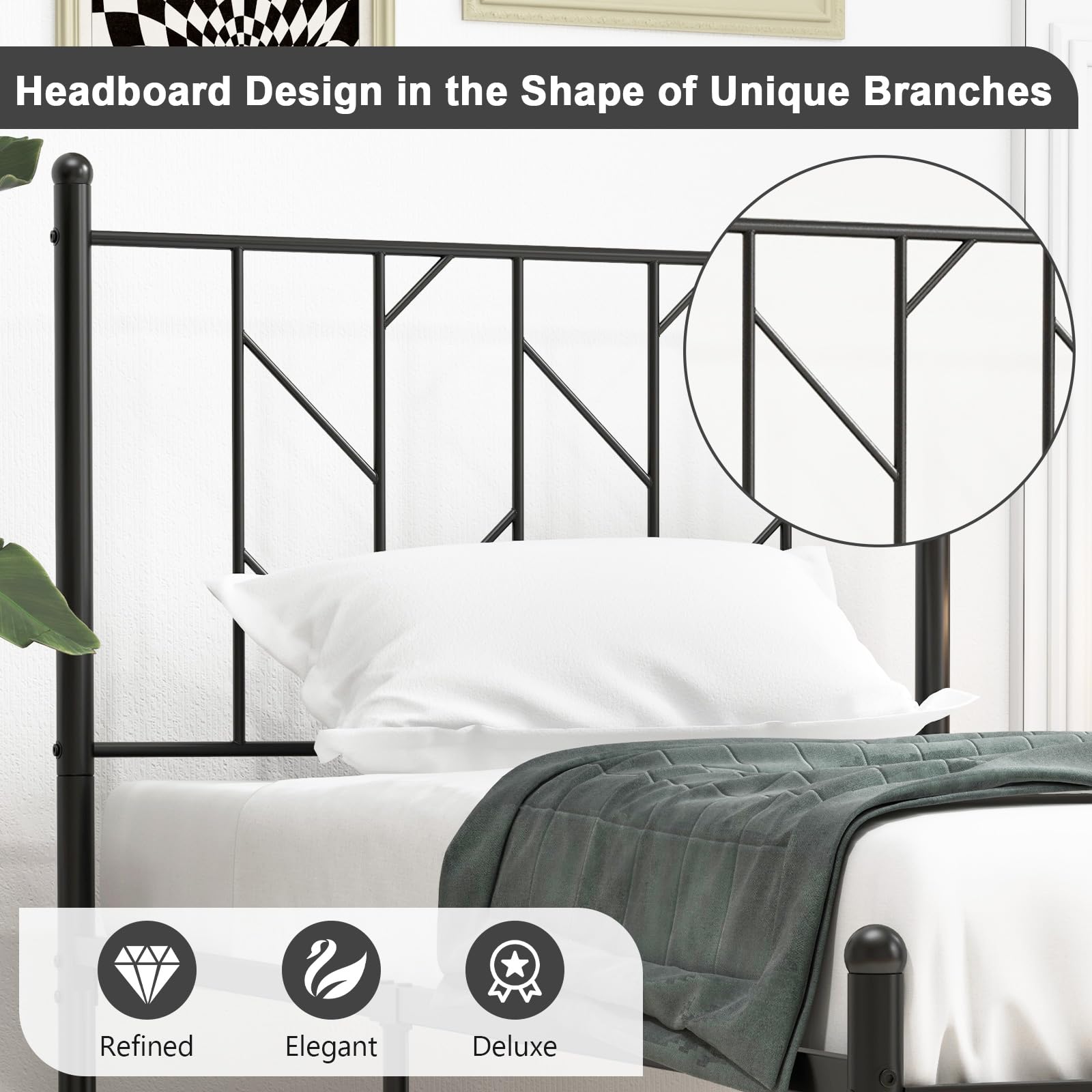 Metal Bed Frame with Victorian Style Headboard, 14 Metal Slats Support