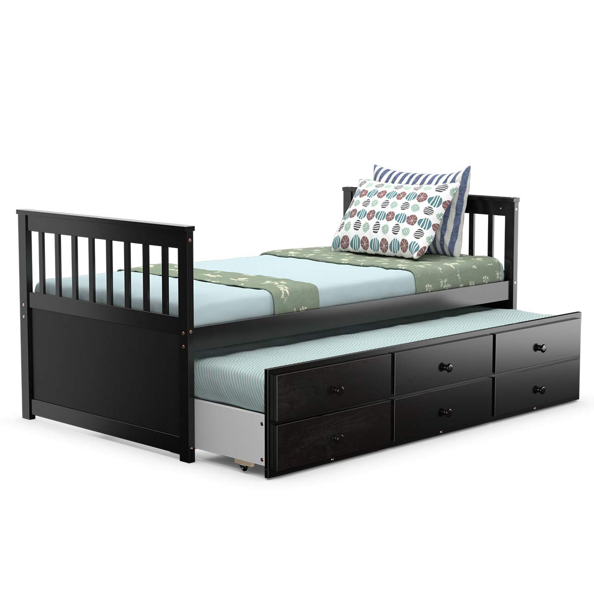 Twin Captain&rsquo;s Bed with Trundle Bed, Wood Storage Daybed with 3 Storage Drawers