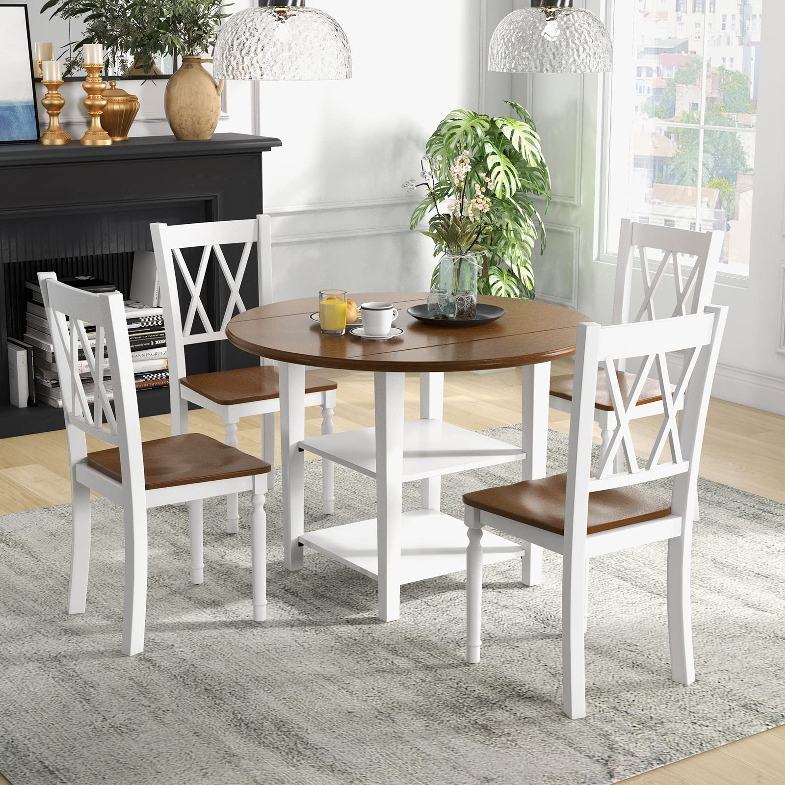 Dining Table Set for 4 with Drop Leaf Round Kitchen Table & 4 Chairs