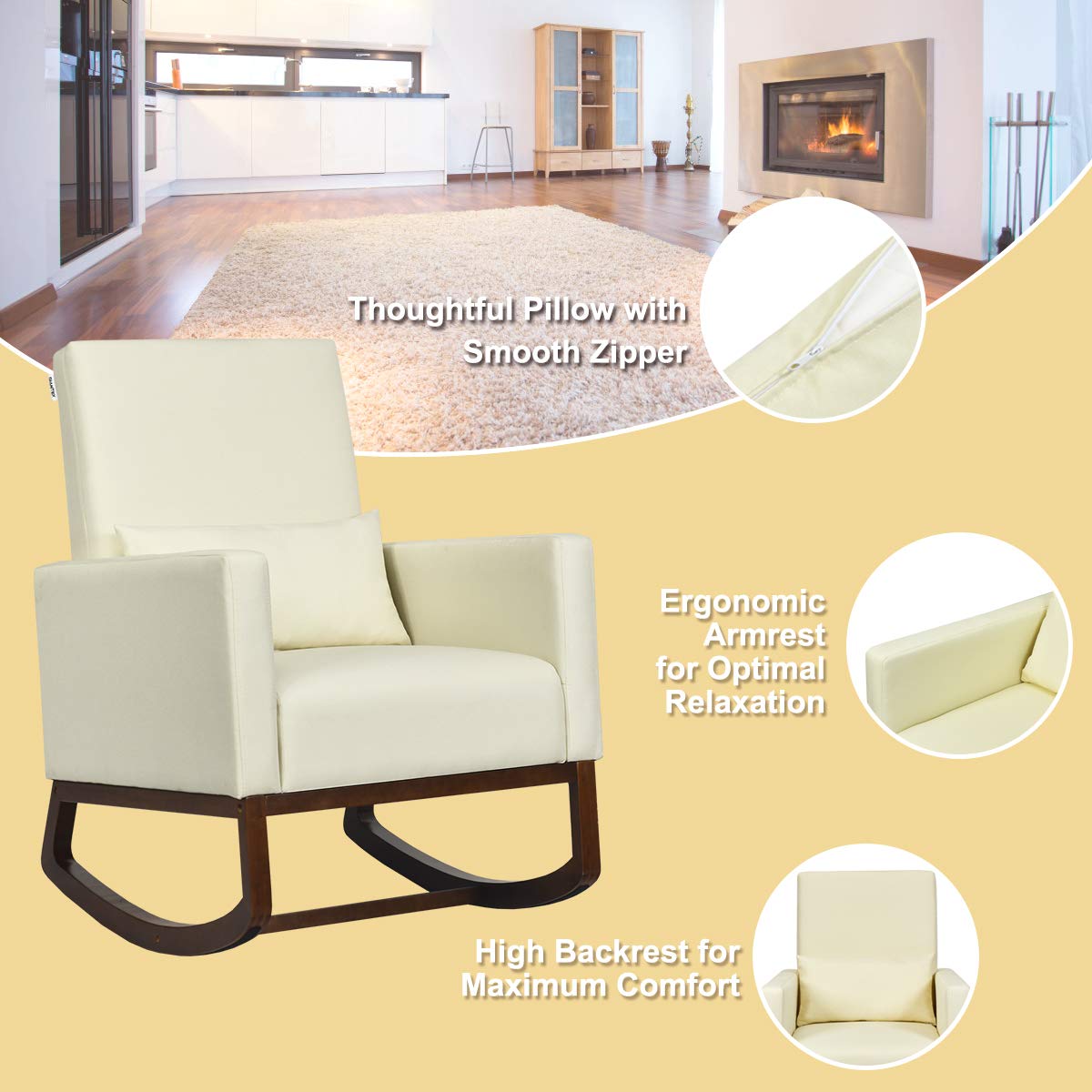 Upholstered Rocking Chair, Modern High Back Armchair, Comfortable Rocker with Fabric Padded Seat, Waist Pillow