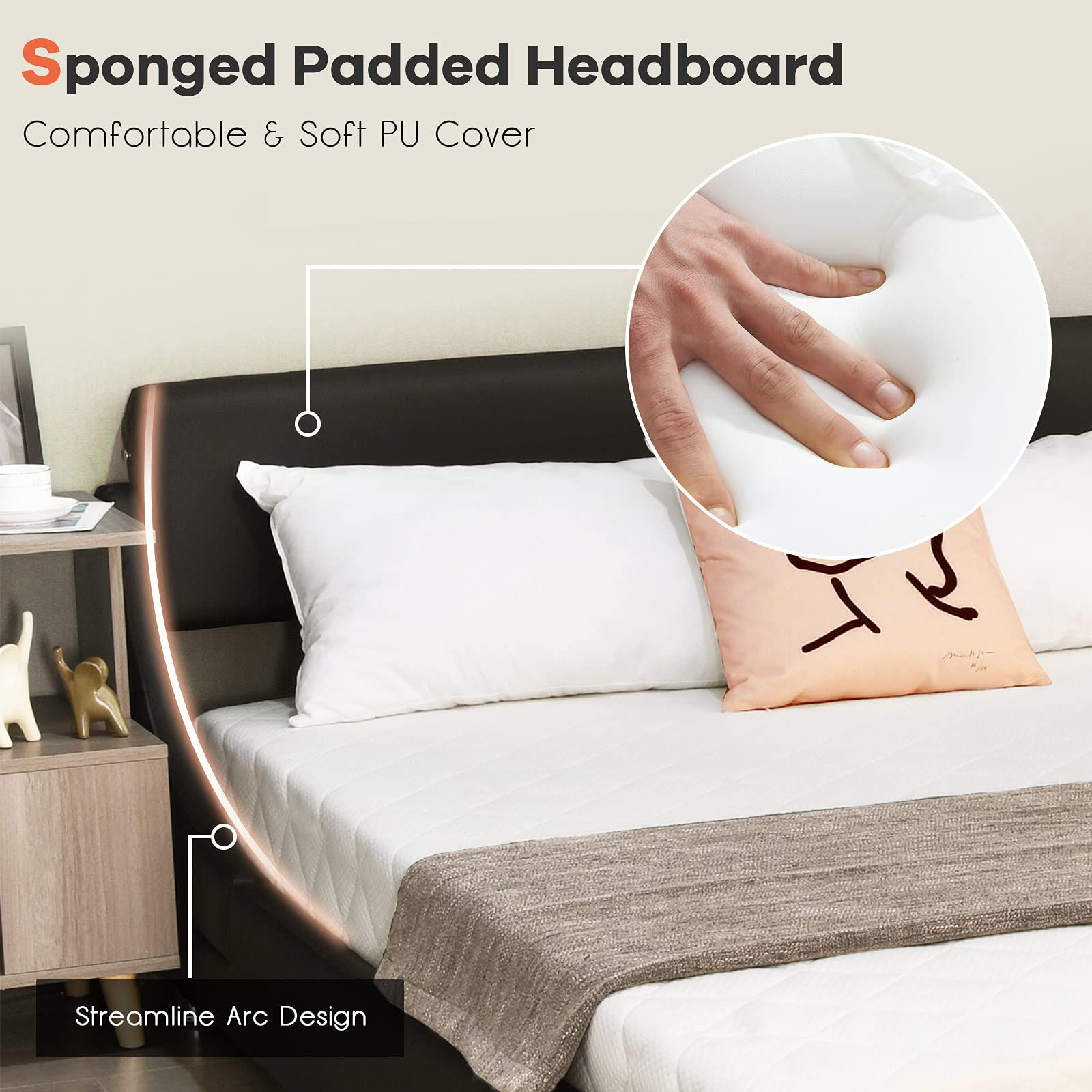 Faux Leather Bed Frame with Adjustable & Upholstered Headboard