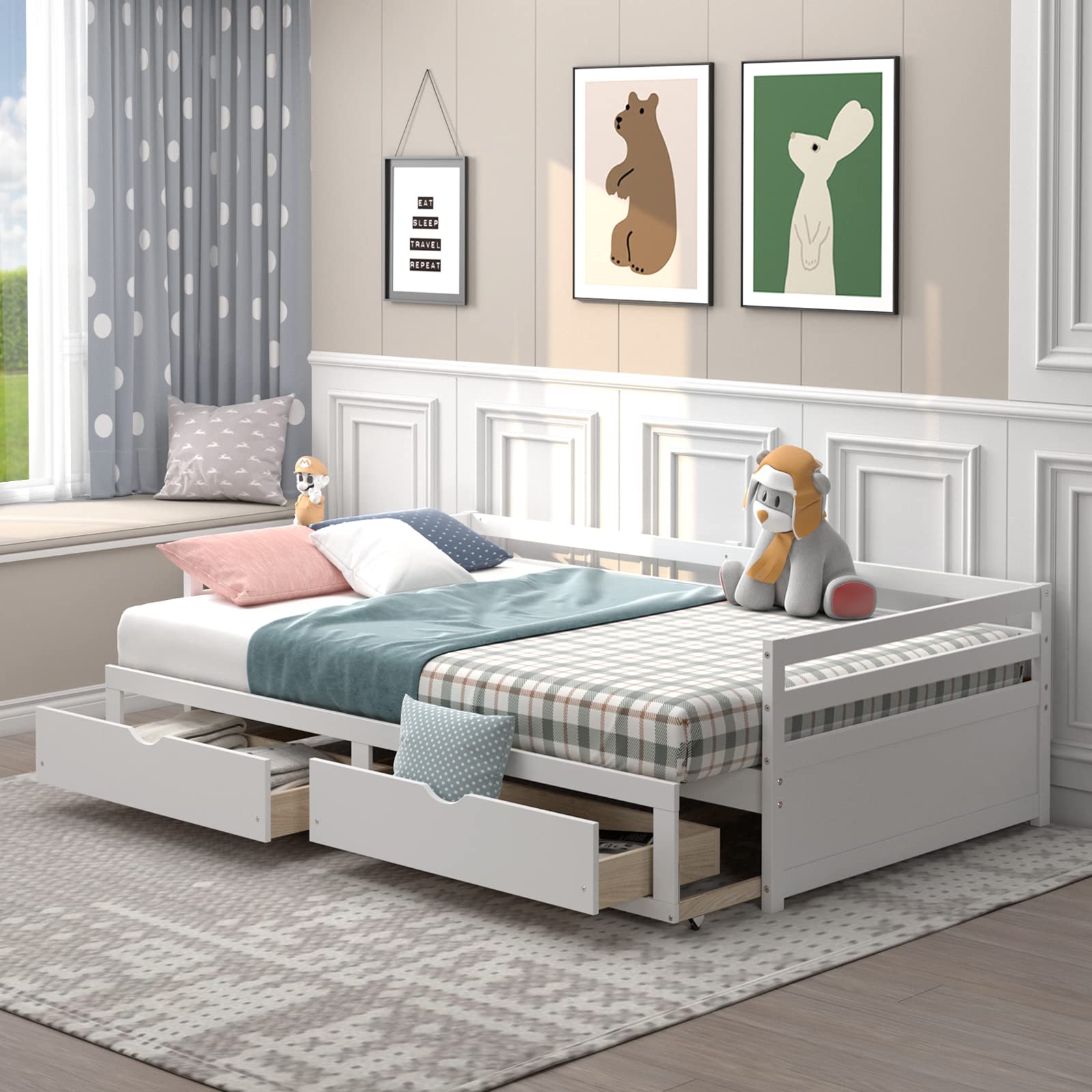 Wood Daybed with Trundle, Extendable Twin to King Daybed Frame with 2 Storage Drawers