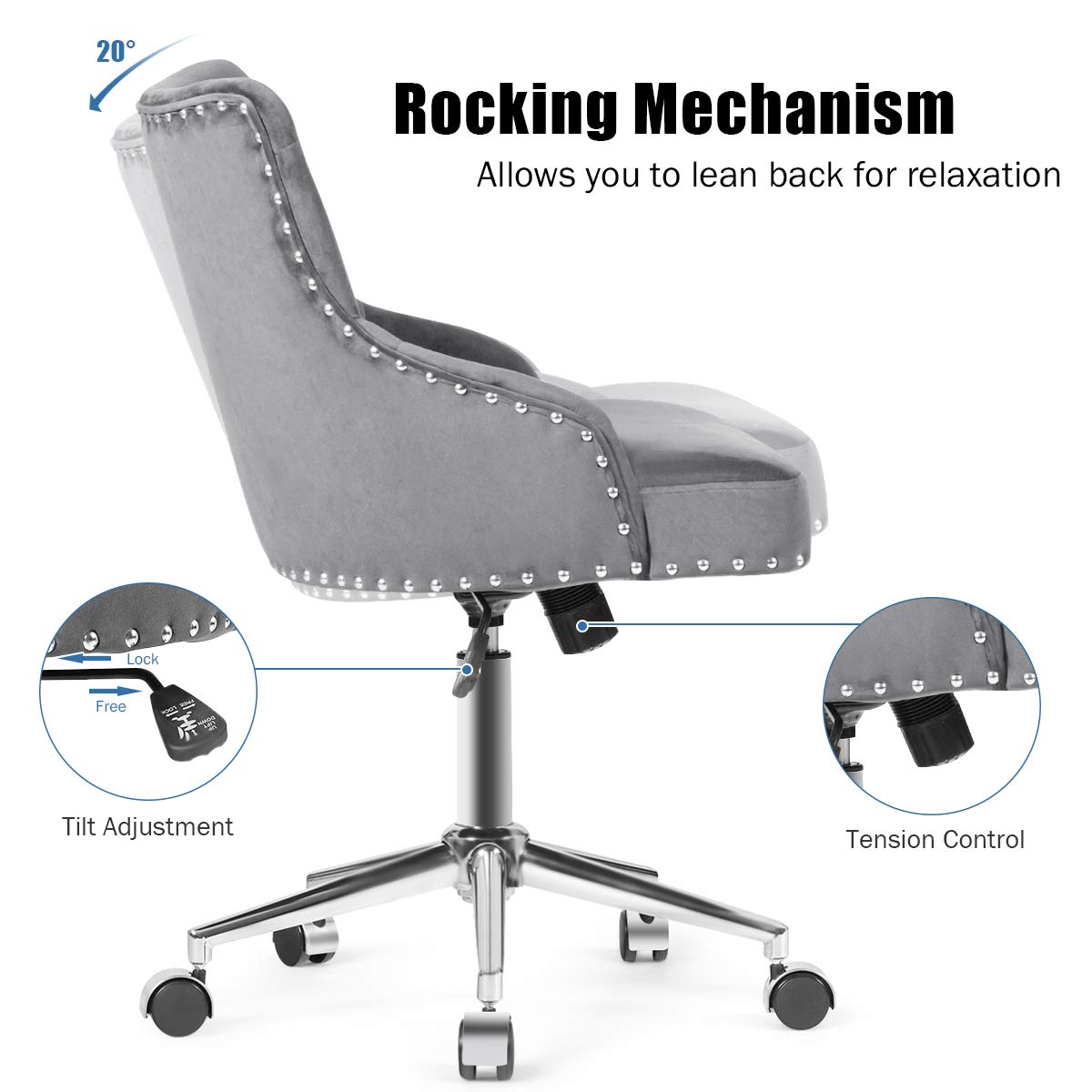 Modern Home Office Chair, Tufted Velvet Swivel Armchair with Nailhead Trim