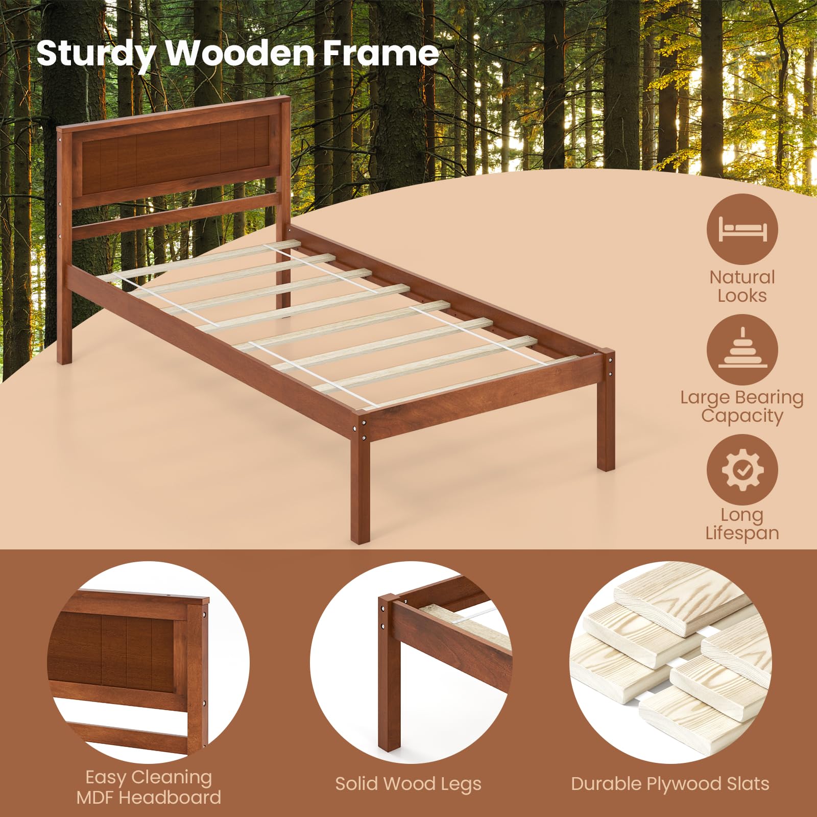 Wooden Platform Bed Frame with Headboard & Wood Slat Support