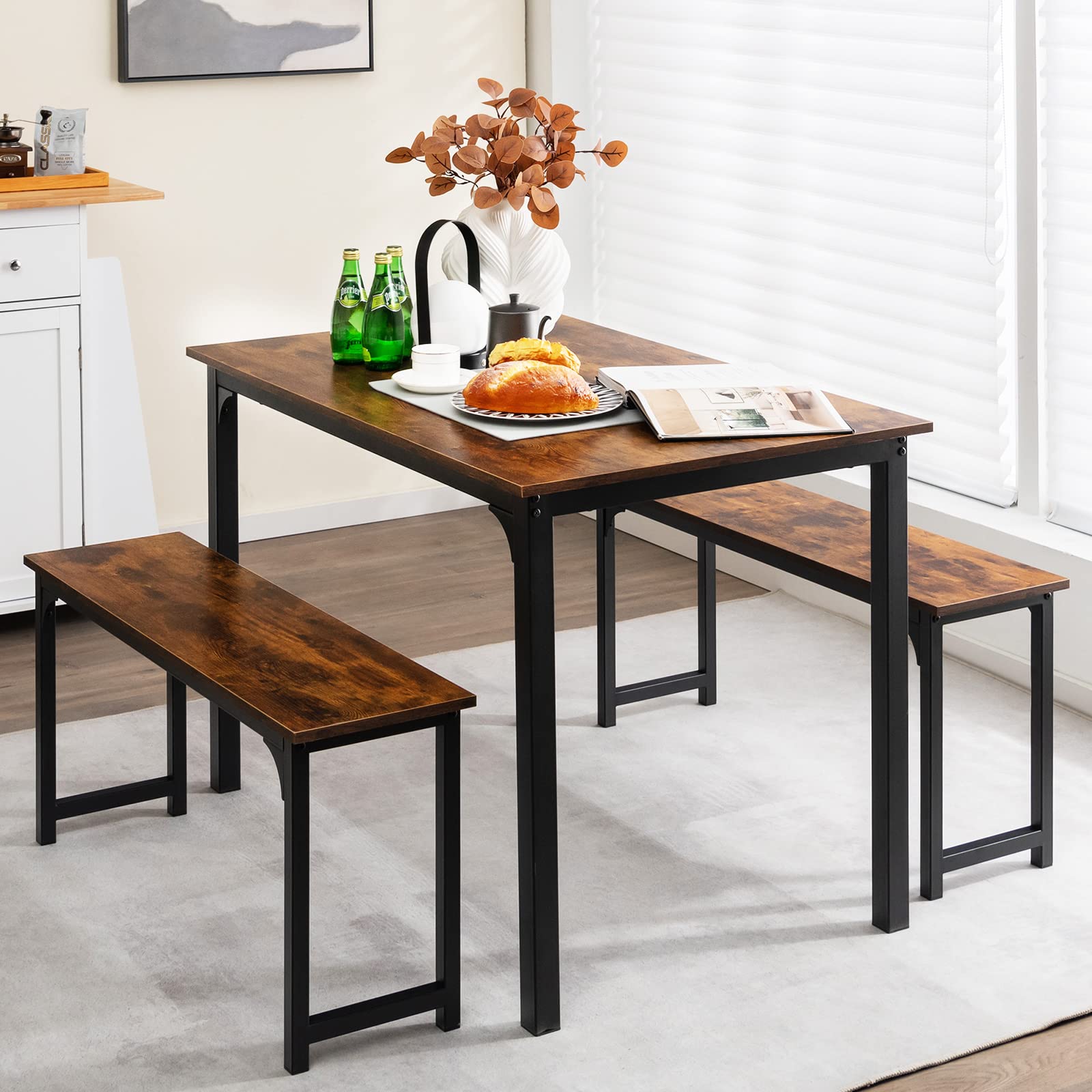 Dining Table Set for 4, 3-Piece Kitchen Table with 2 Benches
