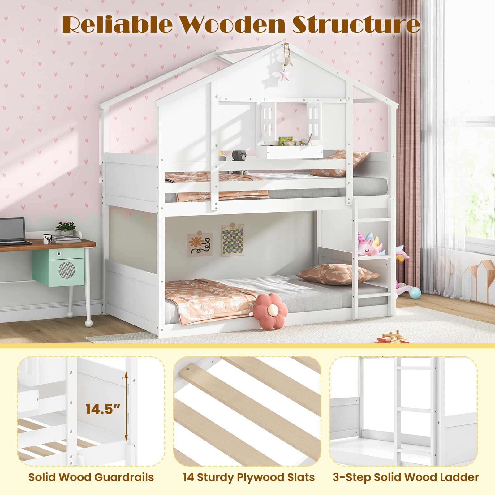 Twin Over Twin Wood House Bunk Bed for Kids with Roof, Window Door, Storage Box, Safety Guardrails, Wood Slats & Ladder