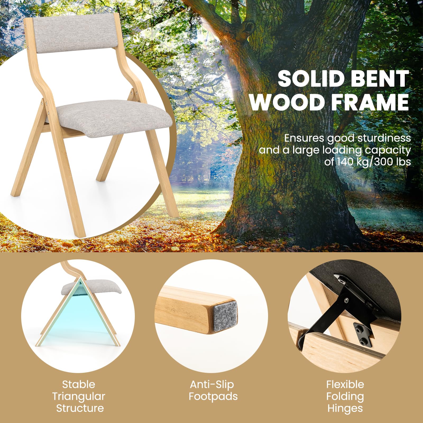 Folding Dining Chairs Set of 2/4, Foldable Chairs with Padded Seat and Solid Wood Frame