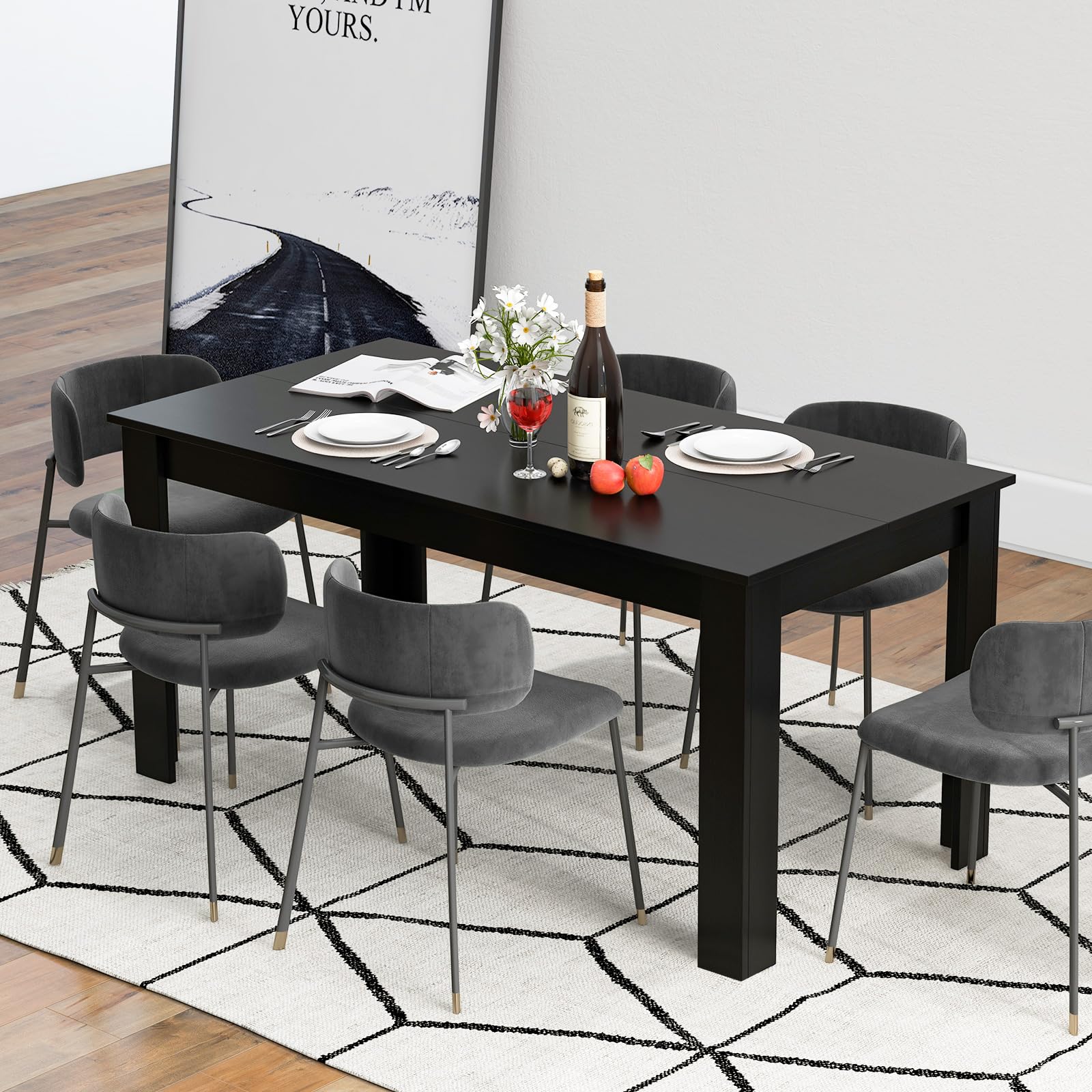 Black Dining Table for 6, Wood Rectangular Table, 63" L x 31.5" W x 30" H Large Farmhouse Center Table