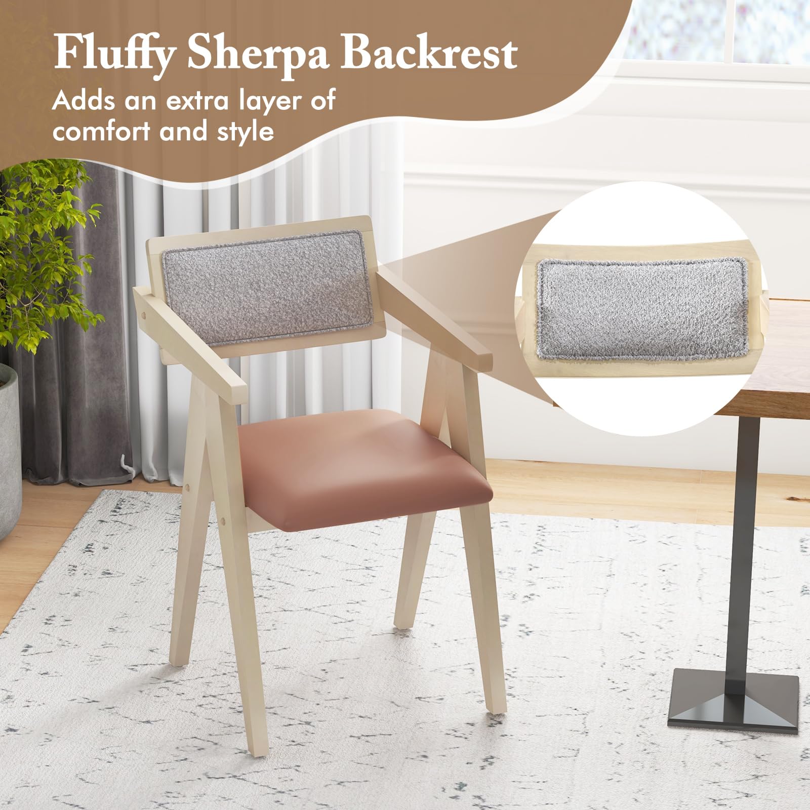 Wooden Dining Chairs Set of 2/4, Mid Century Upholstered Kitchen Chairs w/Leathaire Seat Cushions & Sherpa Backrests