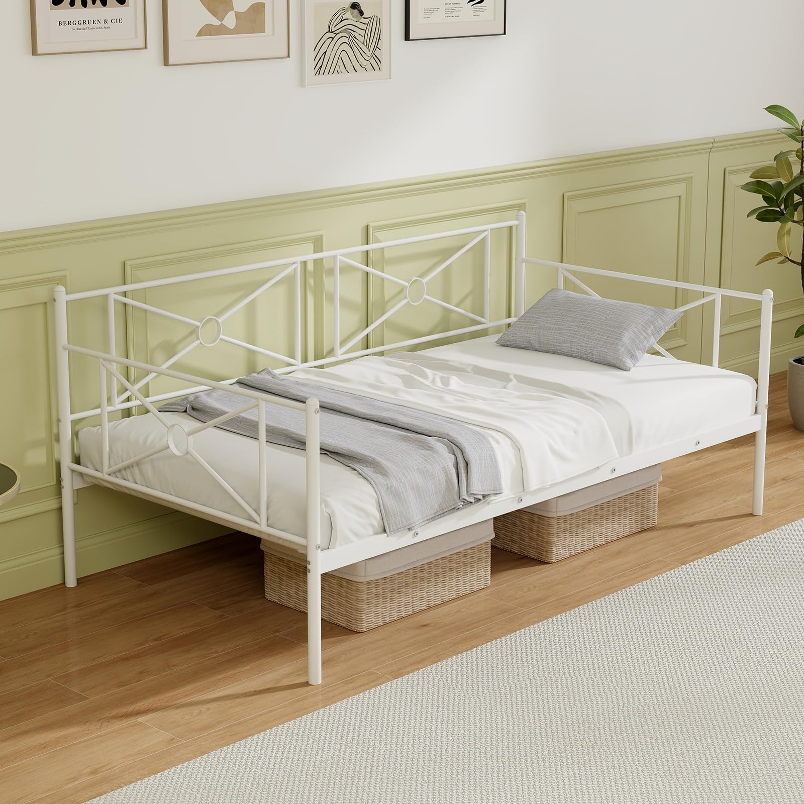Twin Size Metal Daybed Frame, Heavy-Duty Steel Slats Support Platform Bed Frame, Multifunctional Sofa Guest Bed with Headboard