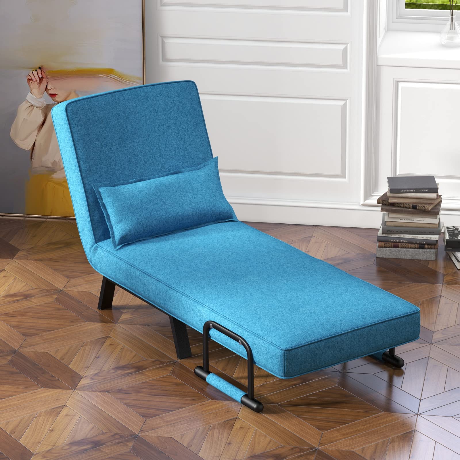 Convertible Upholstered Sleeper Chair Bed with Pillow, 4-in-1 Folding Sofa Bed with 6-Position Adjustable Backrest