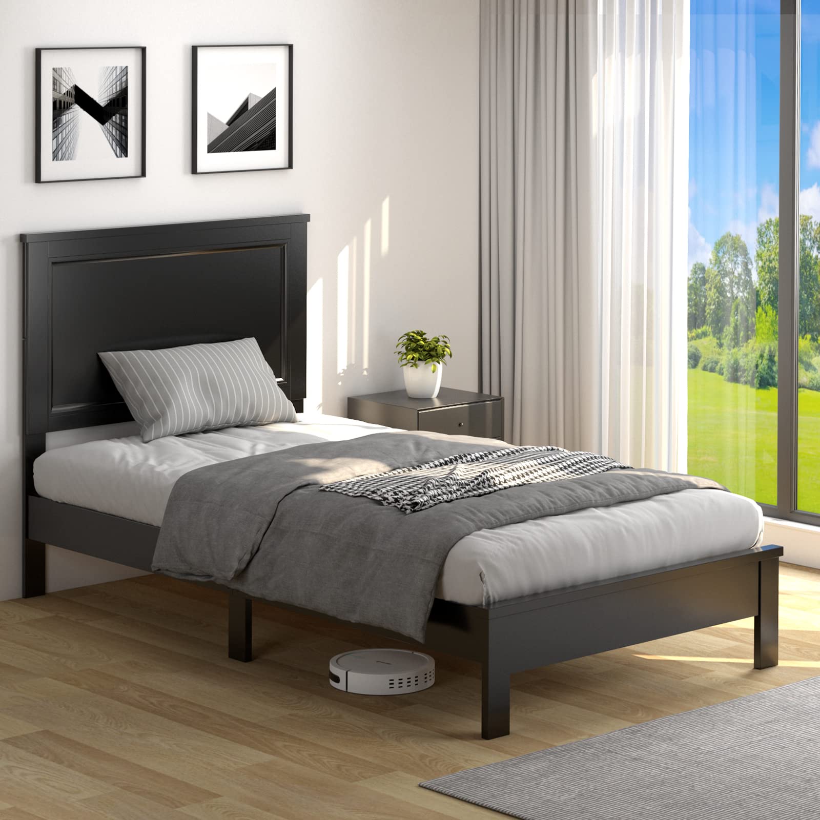 Wood Platform Bed Frame with Headboard, Mid Century Platform Bed Frame with Solid Wood Legs & Wooden Slat Support