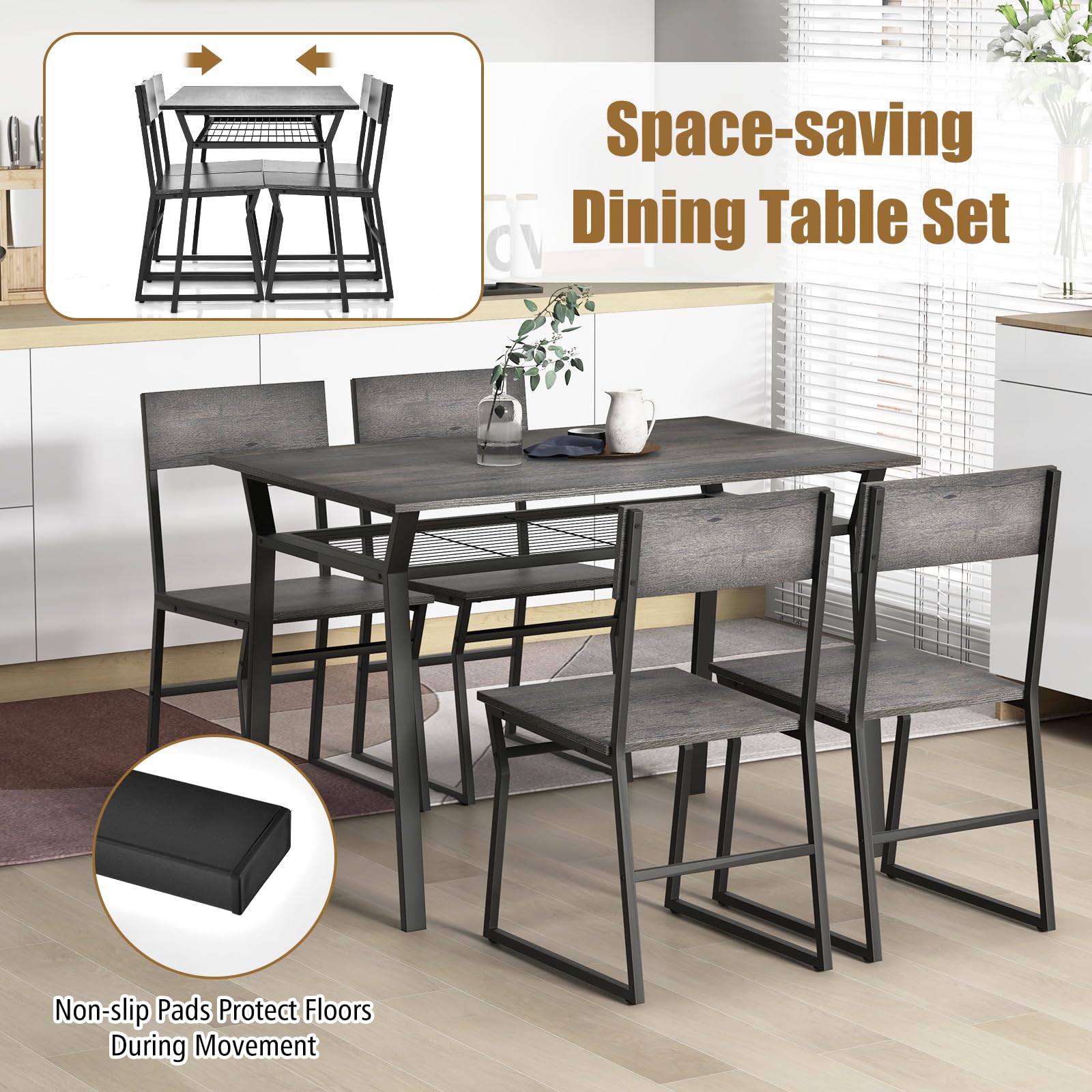 Dining Table Set for 4, 47&rdquo;L x 28&rdquo;W Rectangular Kitchen Table w/ 4 Trapezoid Chairs, Reinforced Metal Frame & Storage Rack