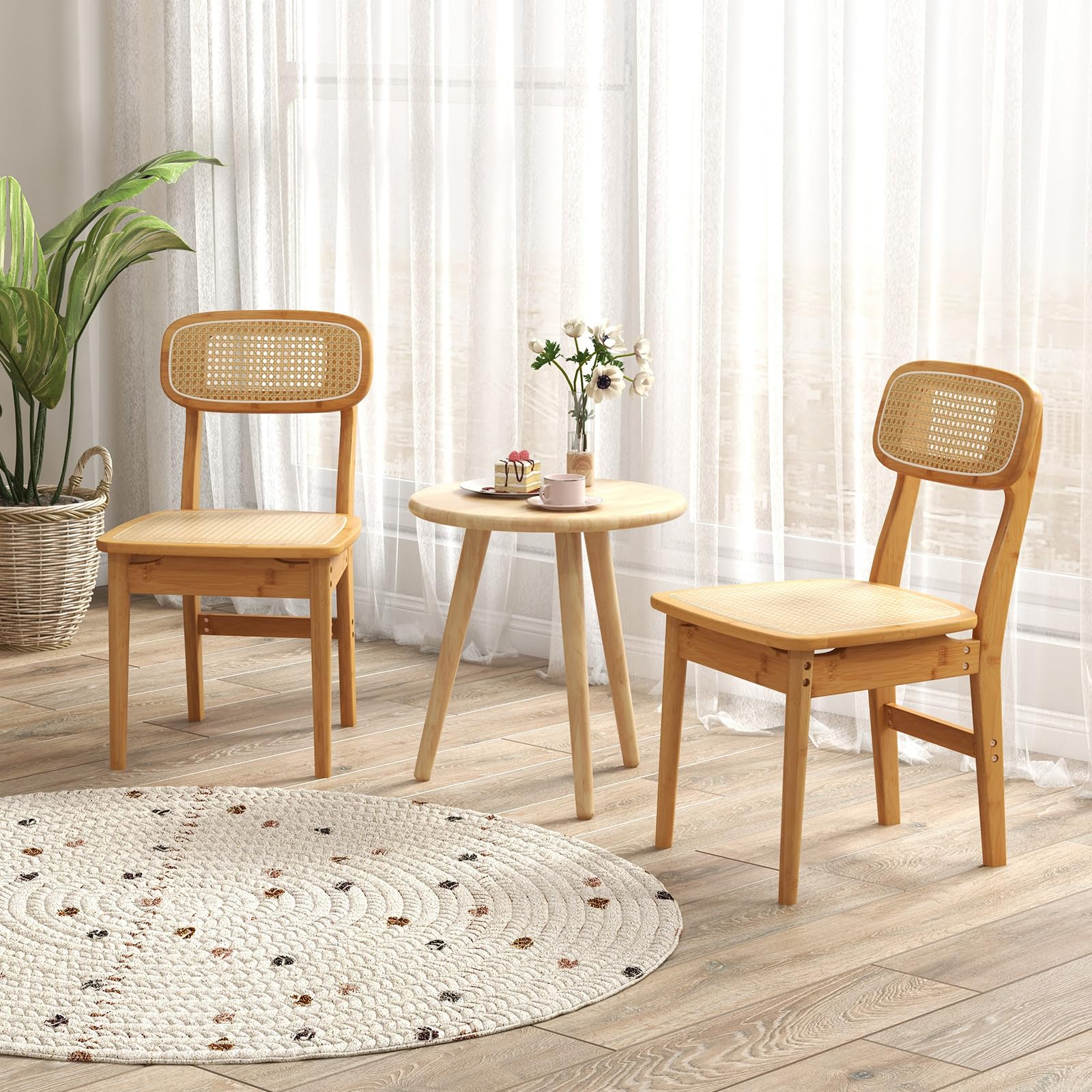 Rattan Dining Chairs Set of 2/4, Bamboo Armless Dining Room Chairs