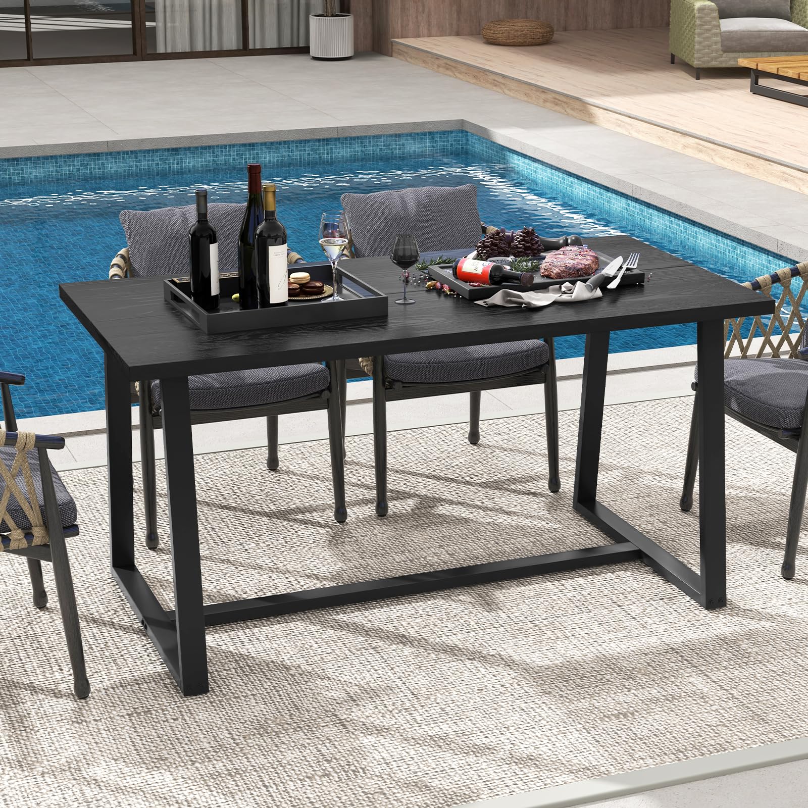 63" Rectangular Large Dining Table for 4-6, Mid-Century Kitchen Table w/Heavy-Duty Metal Frame