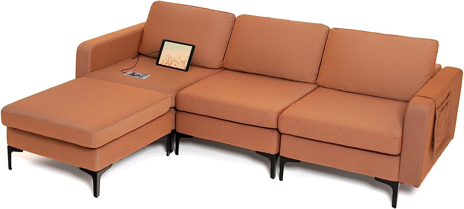 Convertible Sectional Sofa Couch, 3-Seat L Shaped Couch with Reversible Ottoman, Built-in Socket & USB Ports