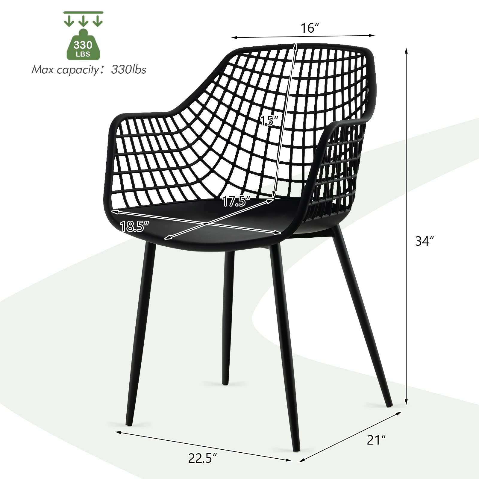 Modern Dining Chairs Set of 4 - Arm Chair with 15" High Backrest, Powder-Coated Metal Legs, Anti-Slip Foot Pads