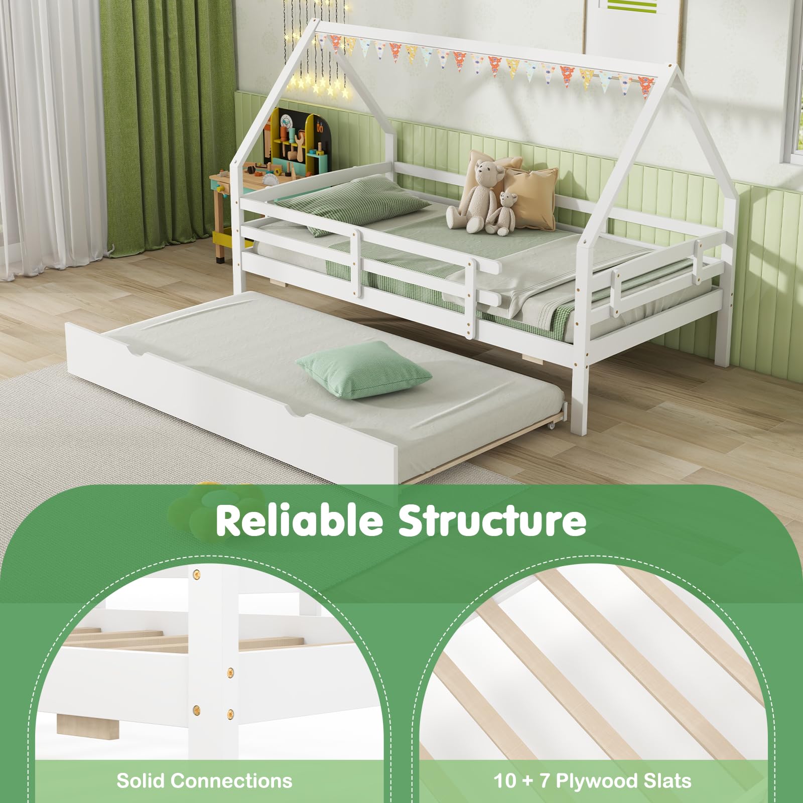 House Bed with Trundle Wood Bed Frame with Safety Rails & Roof