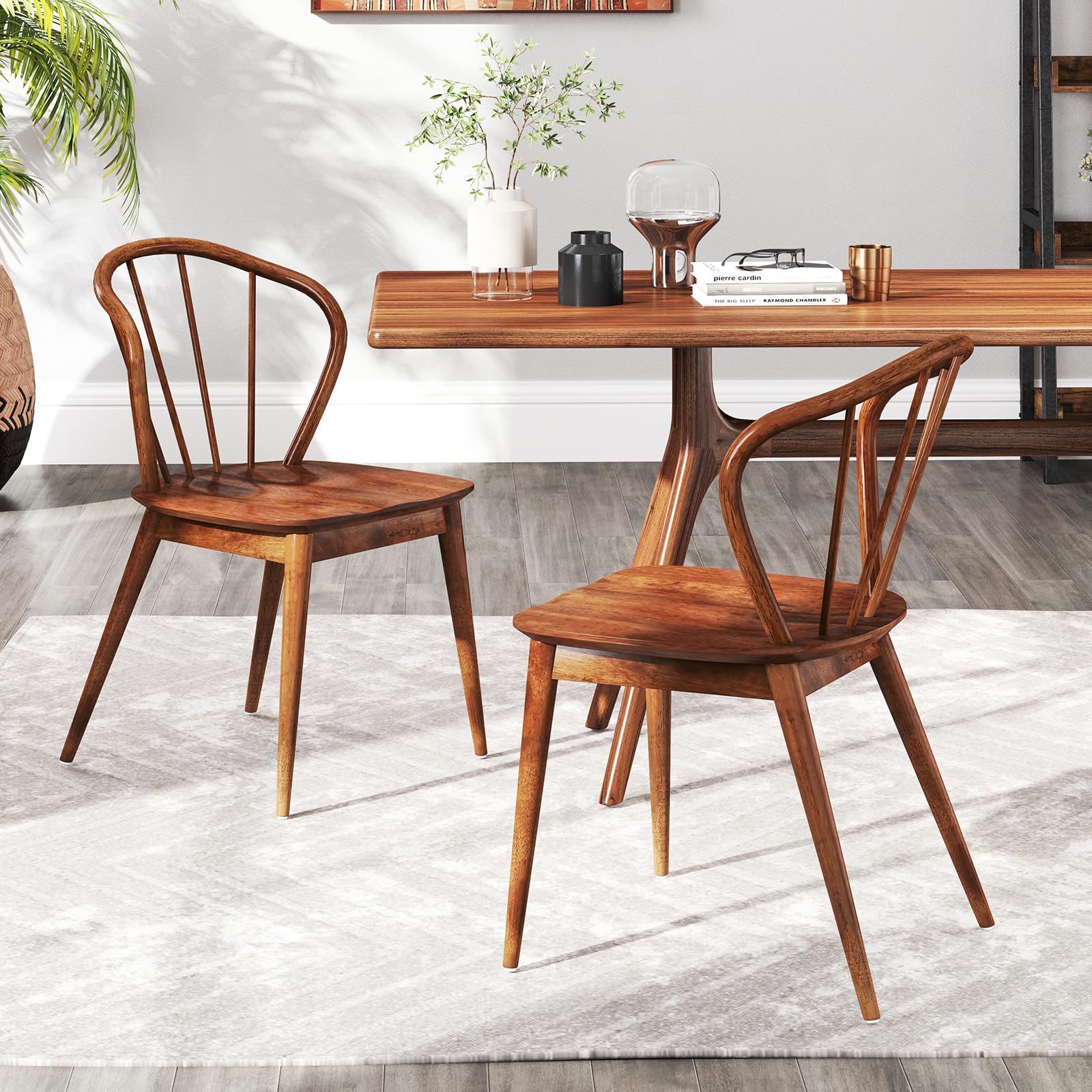 Wooden Dining Chairs Set of 2/4, Windsor Kitchen Chairs w/High Spindle Back & Rubber Wood Legs, Wide Seat & Curved Backrest