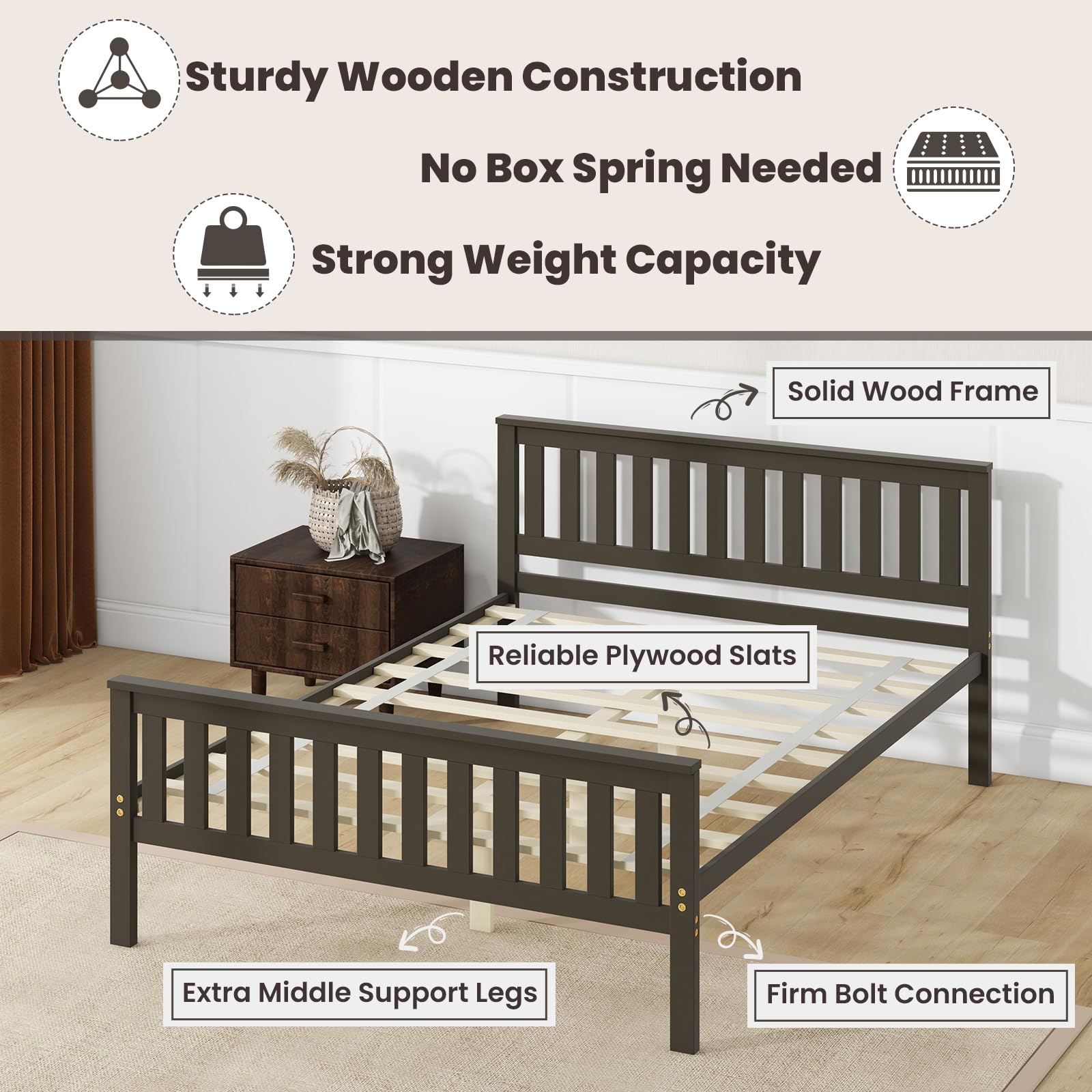 Wood Platform Bed Frame with Headboard, Wooden Slats Support, 12" Under-Bed Storage Space