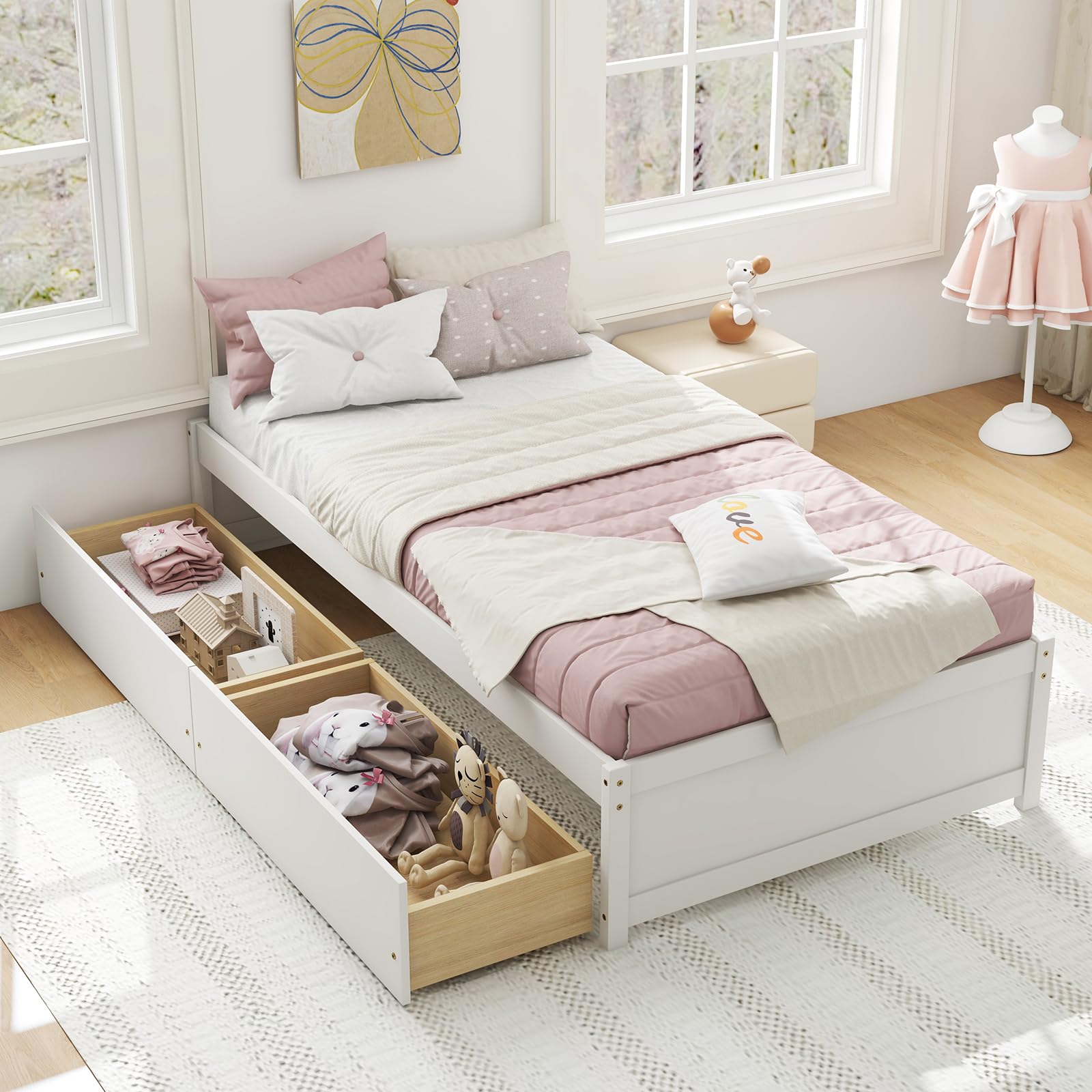 Bed Frame with 2 Storage Drawers, Solid Wood Platform Bed with Slats Support
