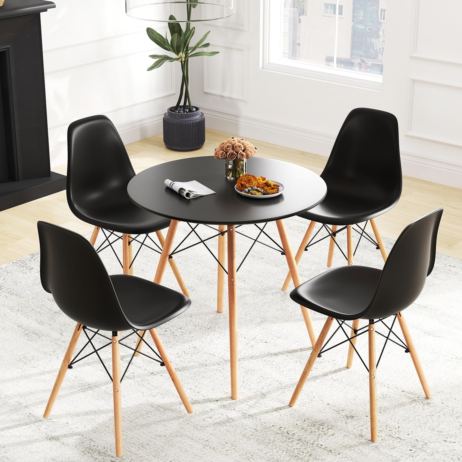 Round Dining Table Set for 4, Modern 31.5" D Dining Table & 4 Dining Chairs with Solid Wood Legs