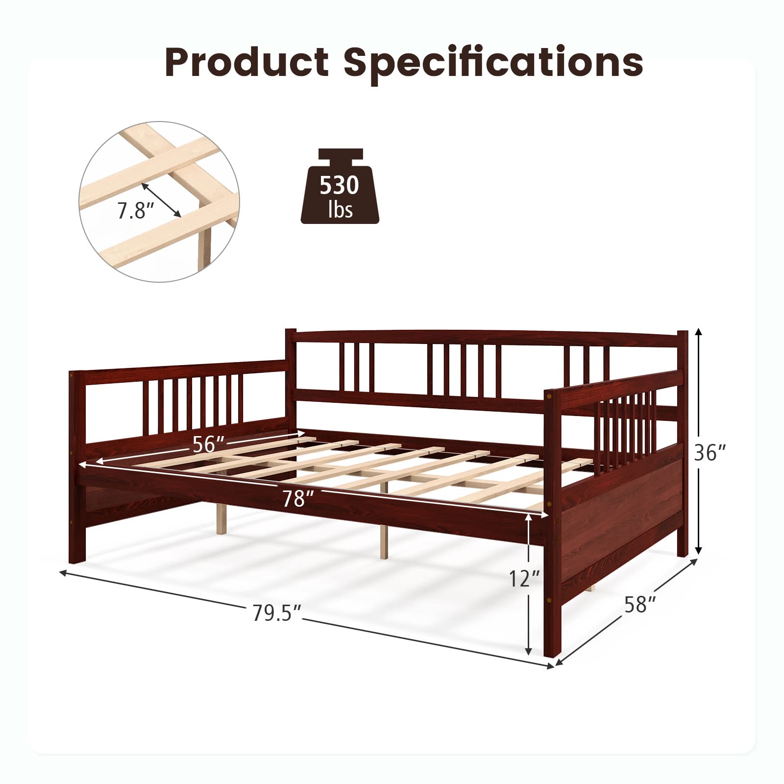 Full Size Wood Daybed with Wooden Slats Support