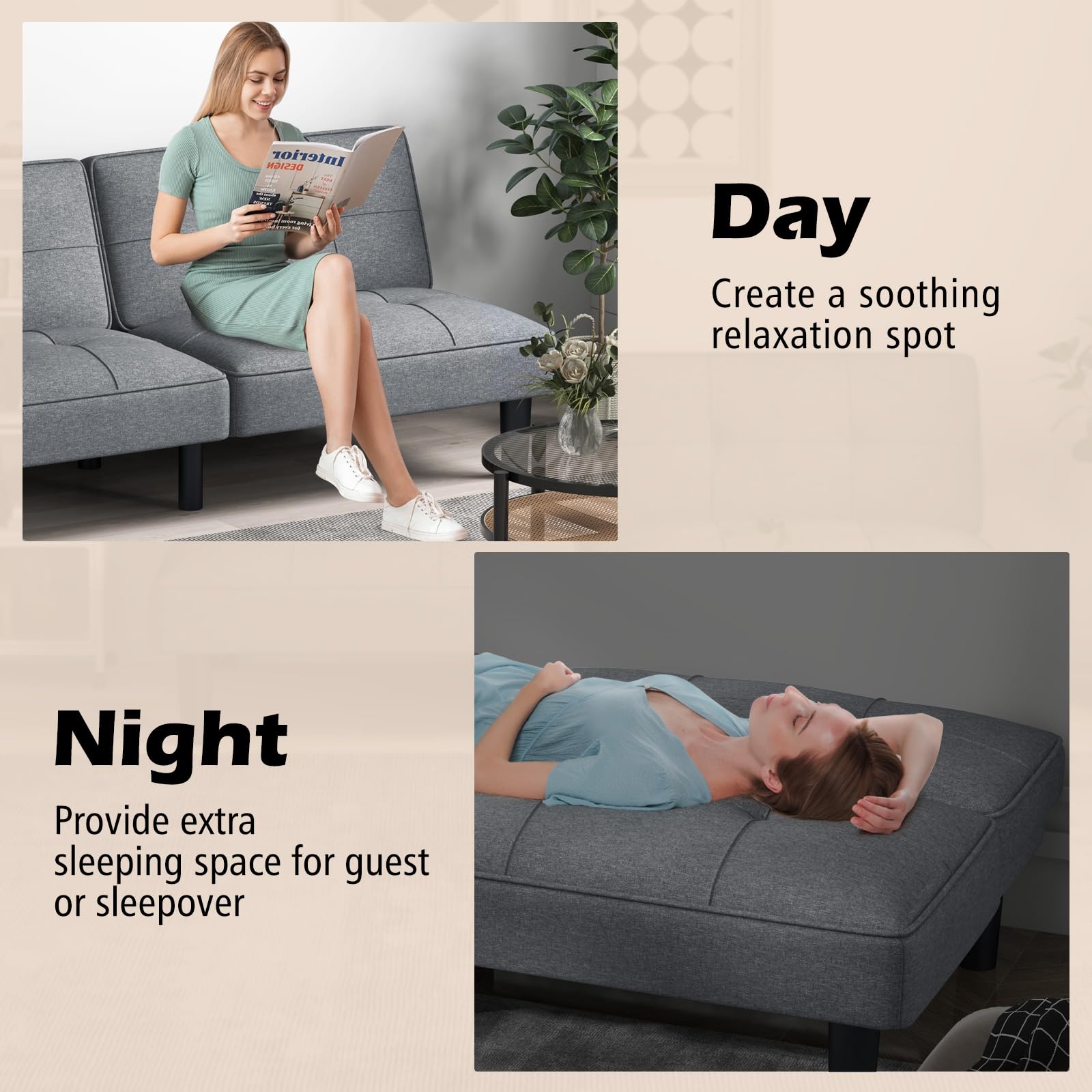Convertible Futon Sofa Bed, Upholstered Folding Linen Sleeper Couch with 6-Position Adjustable Backrest