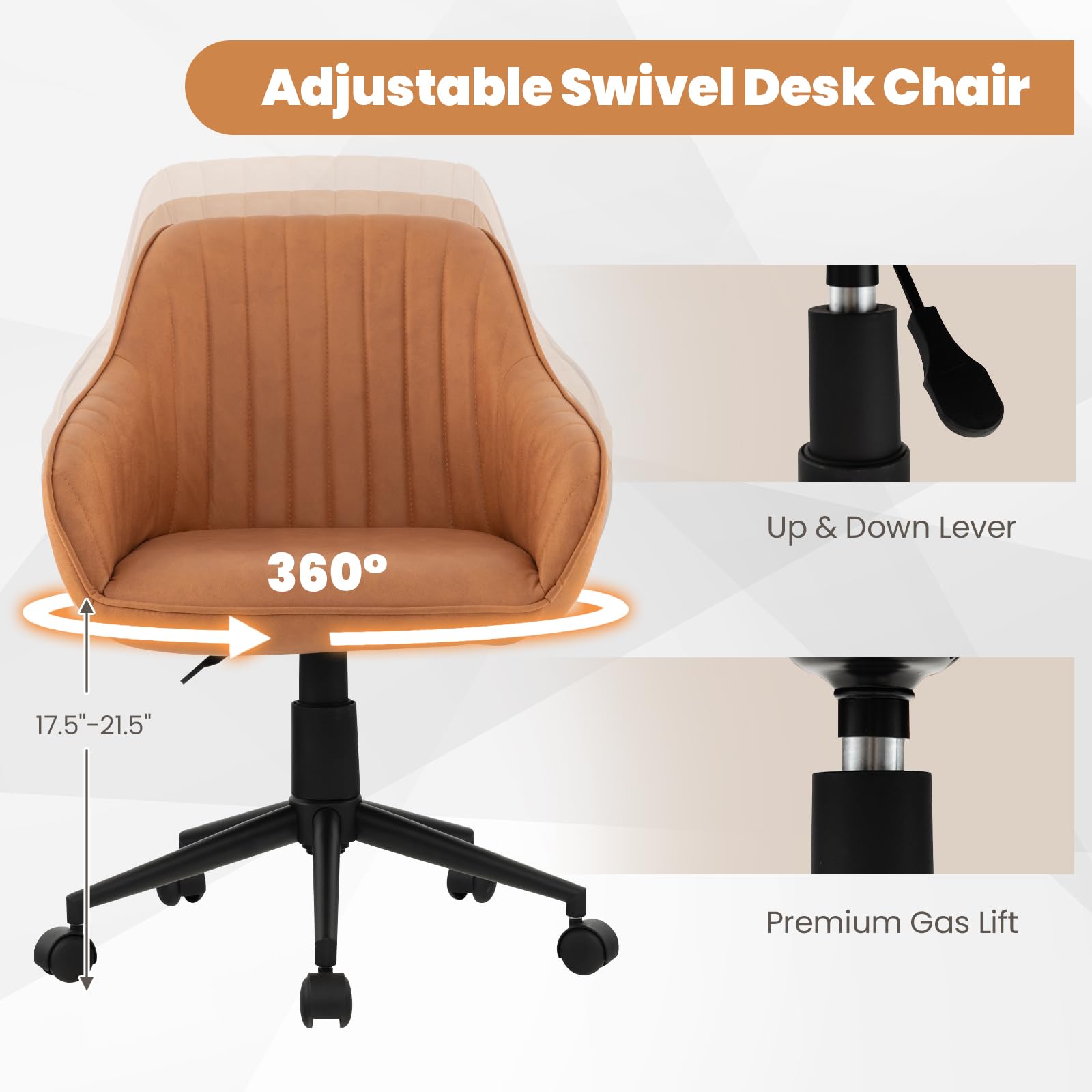 Leather Office Chair Brown, Mid Century Desk Chair with Wheels and Ergonomic Armrests