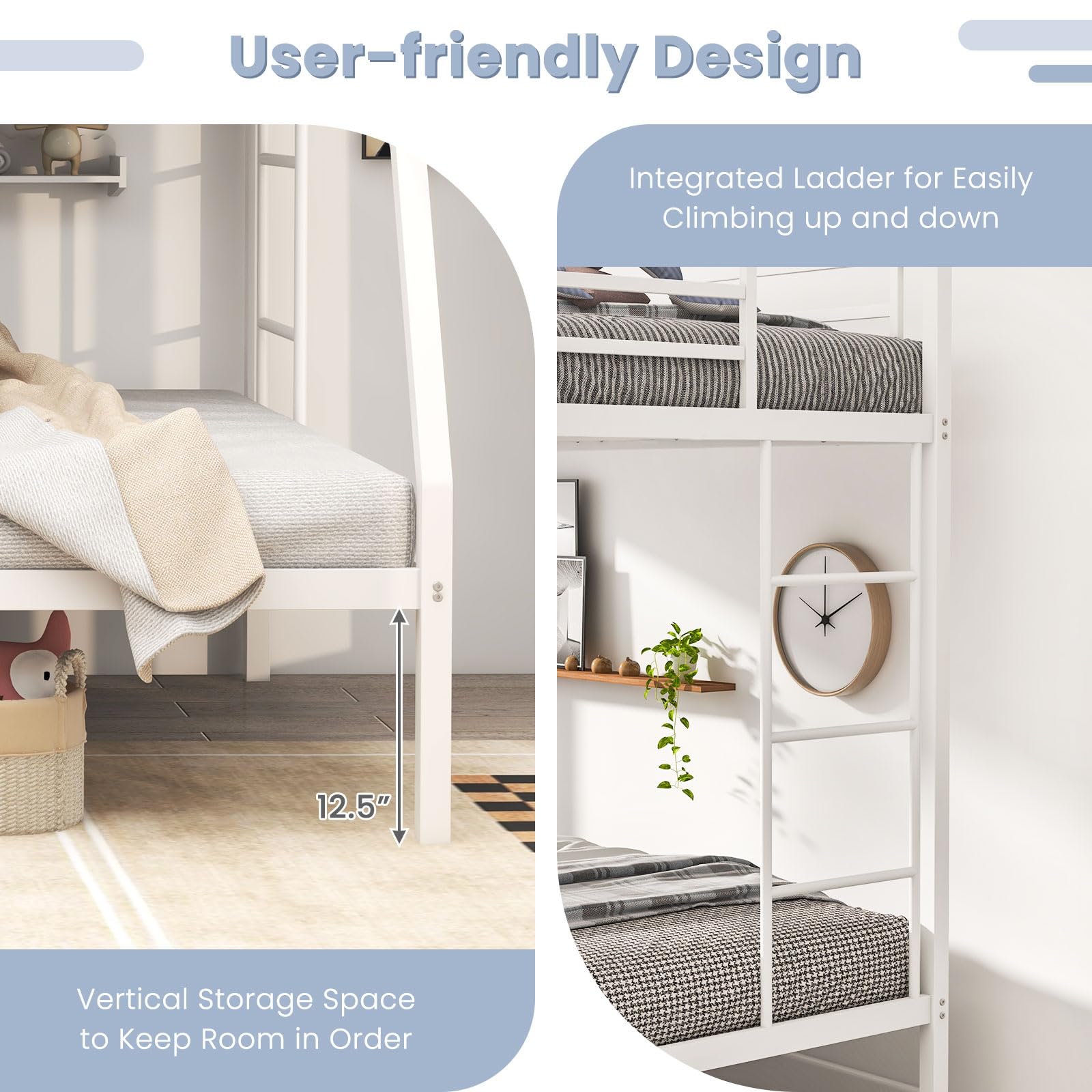 Metal Twin Over Full Bunk Bed, Heavy Duty Bed Frame with Integrated Ladder, Full-Length Guardrails for Teens & Adults