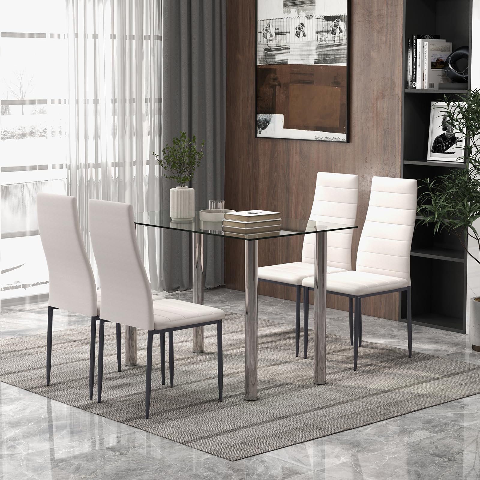 5 Piece Dining Table Sets, Modern Tempered Glass Top and PVC Leather Chair w/4 Chairs