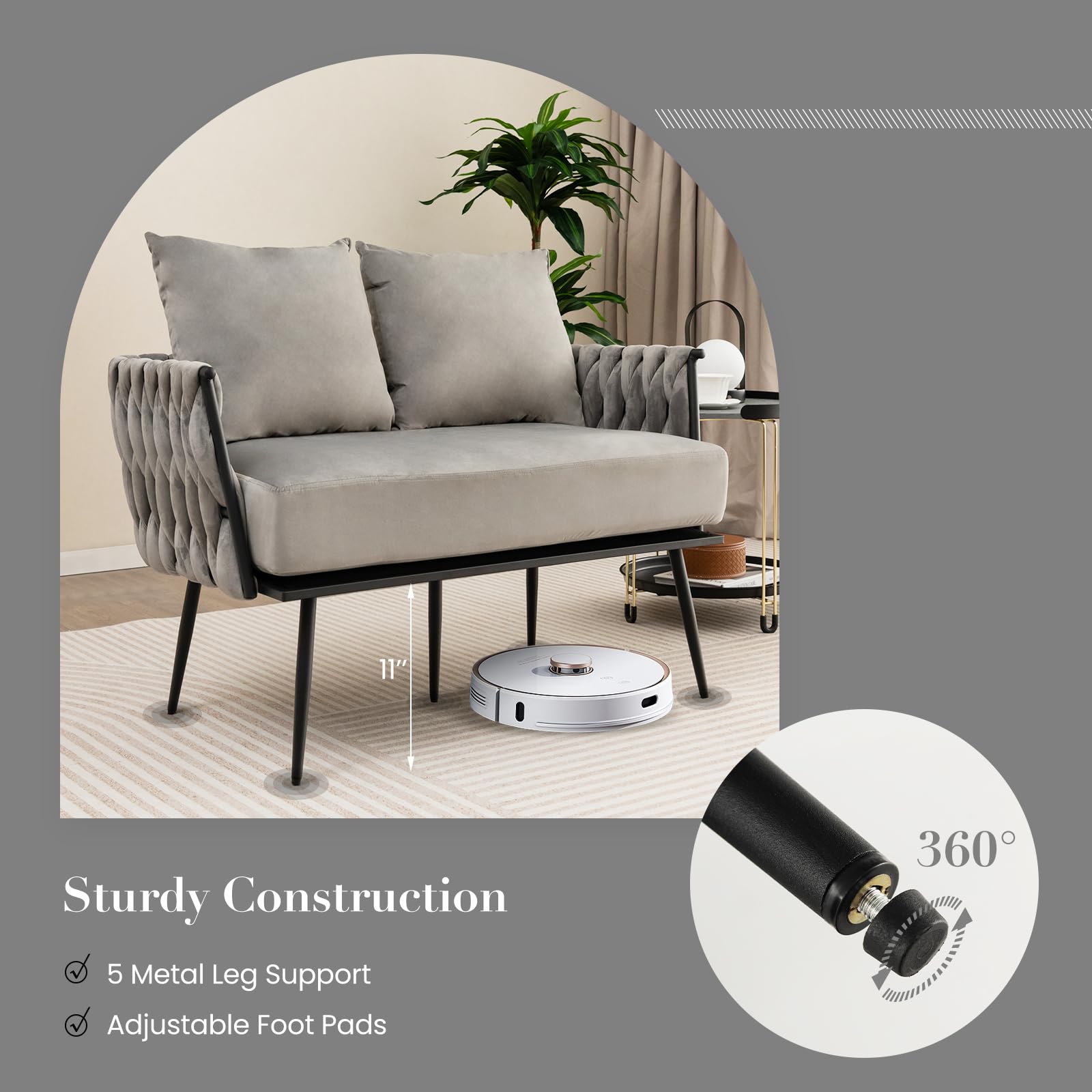 43&rdquo; Loveseat Sofa, Modern Upholstered 2-Seat Sofa with 2 Back Pillows, Woven Backrest & Armrest