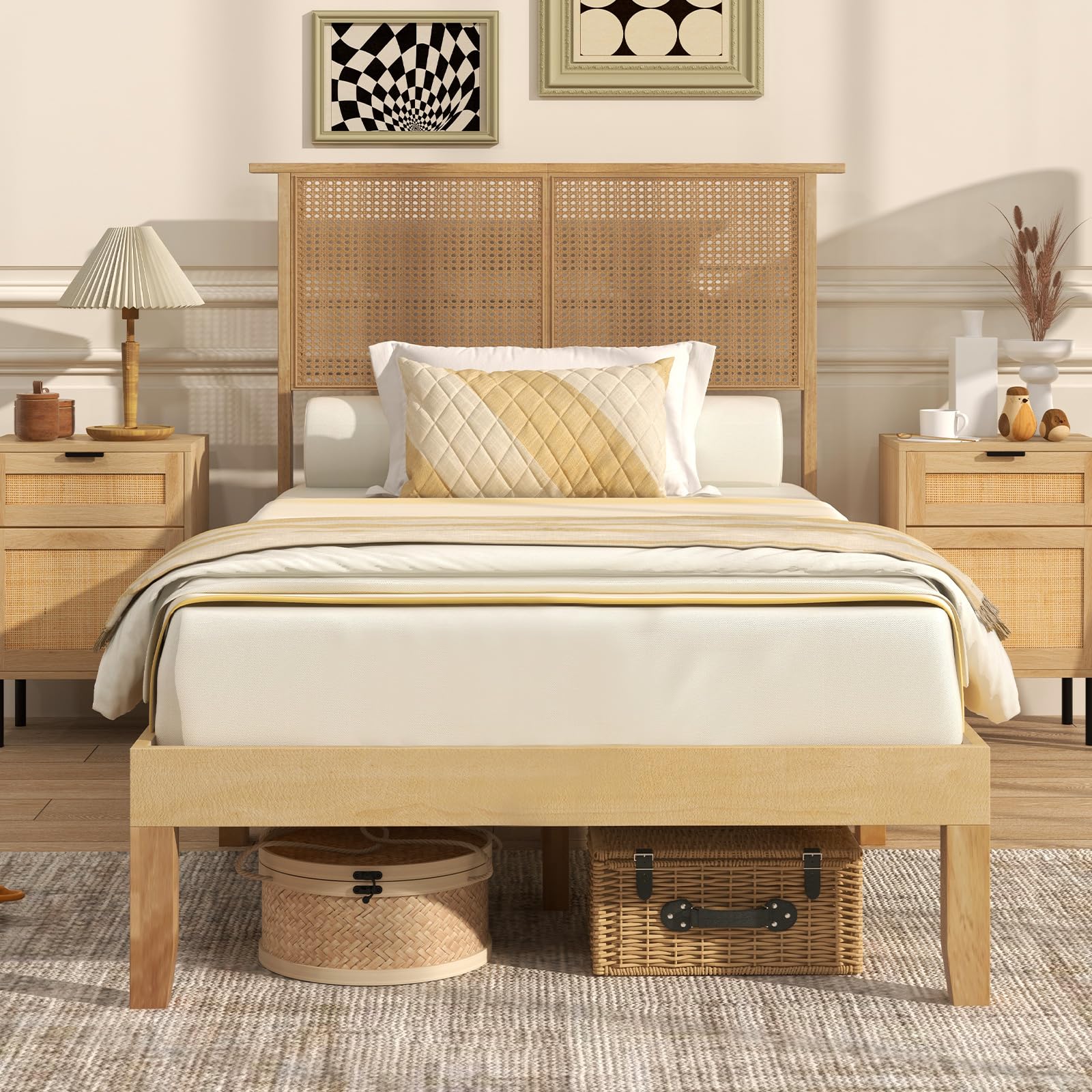 Wood Platform Bed Frame with Rattan Headboard, Wooden Slats & Under-Bed Storage