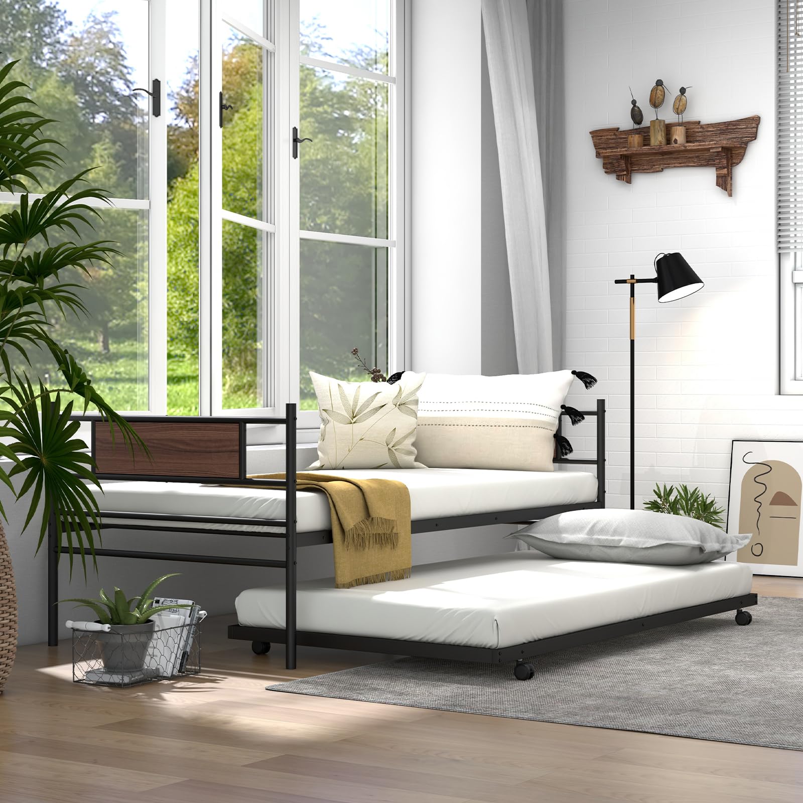 Twin Size Metal Daybed with  Trundle, Wood Grain Headboard & Metal Slat Support